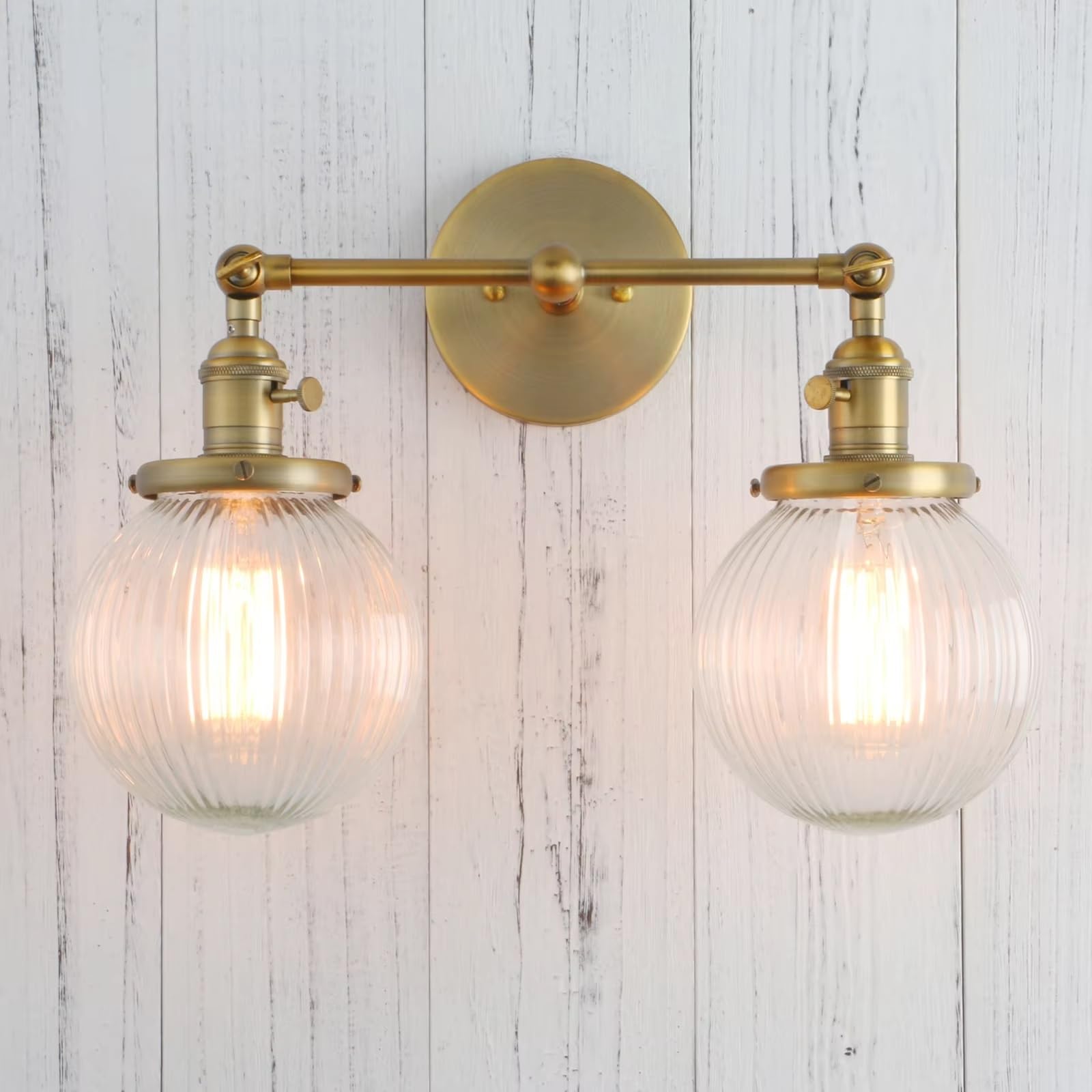 HPTHLY Vintage With Globe Glass Shade 2 Lights Wall Sconces Double Head Wall Lights With Switch Retro Style Rustic Wall Lamps (Brass)