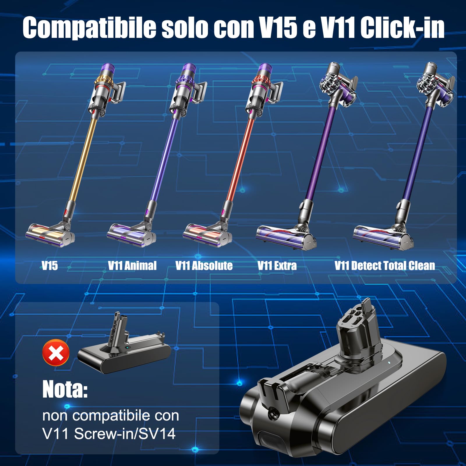 Batteria V15 per Dyson V15, Batteria V11 per V11(Click-in Type) SV15 SV16 SV22 SV28