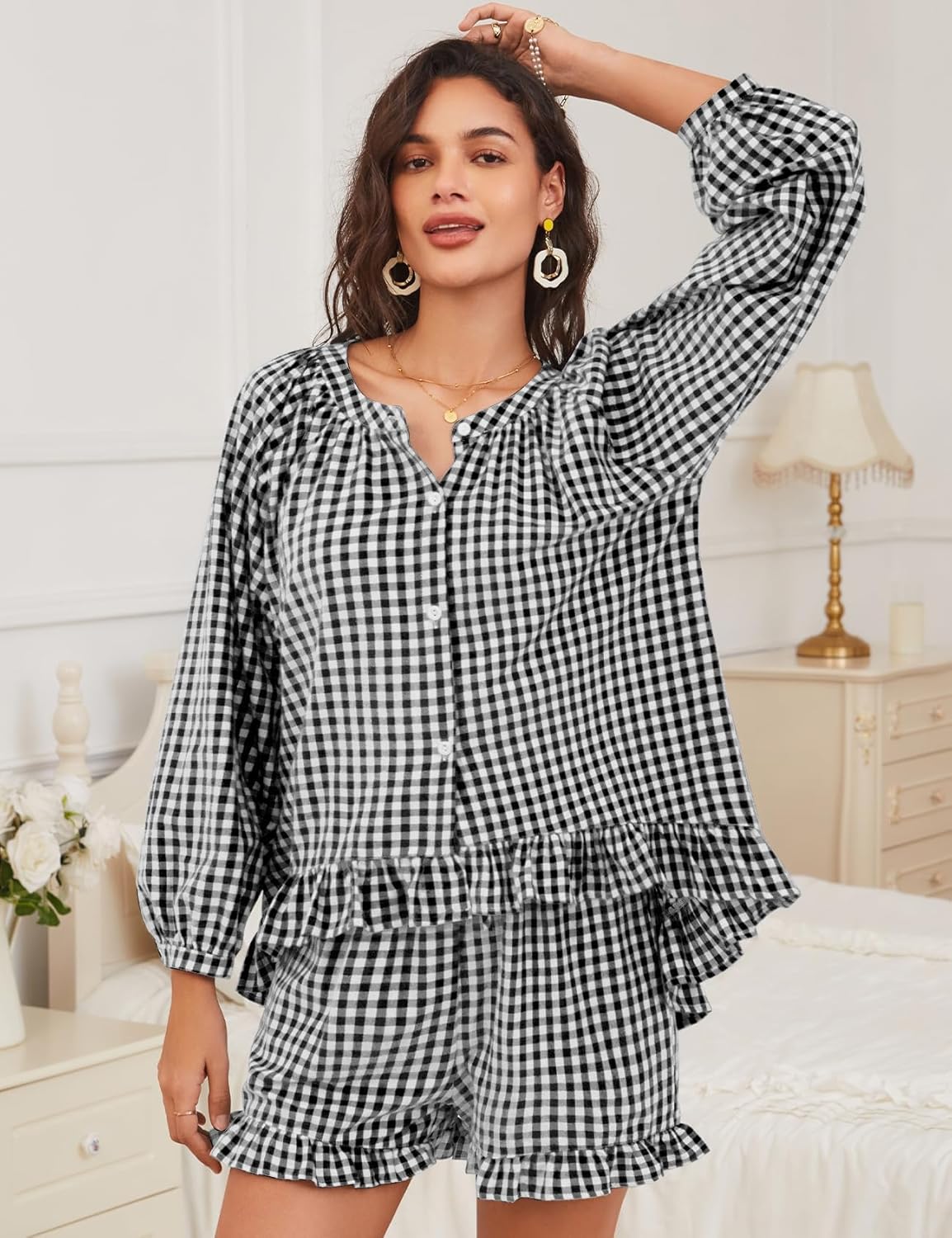 Flygo Women Gingham 2 Piece Pajama Sets Y2K Plaid Ruffle Short Sets Raglan Sleeve Shirt Lounge Shorts Sleepwear with Pockets - Image 4