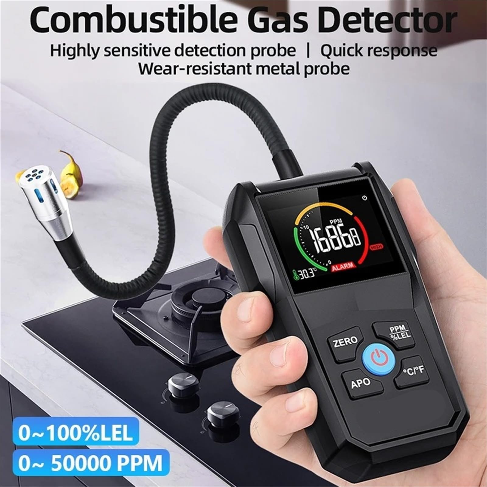 Contador partículas polvo, Analizador De Detector Gas Combustible CGD02A, Fuga 50000 PPM para interiores exteriores | Pantalla LCD, Alarma Luz Y Sonido