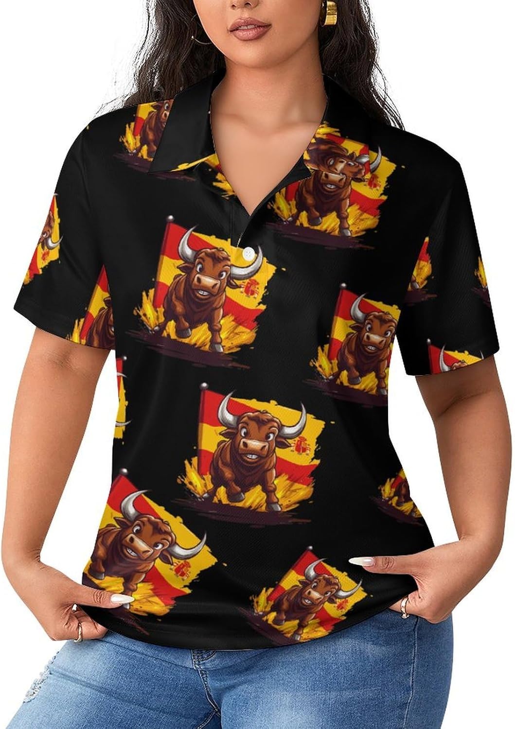 Spanish Flag Cow Womens Golf Polo Shirts Summer Short Sleeve Collared 3 Buttons T Shirt Activewear Tops