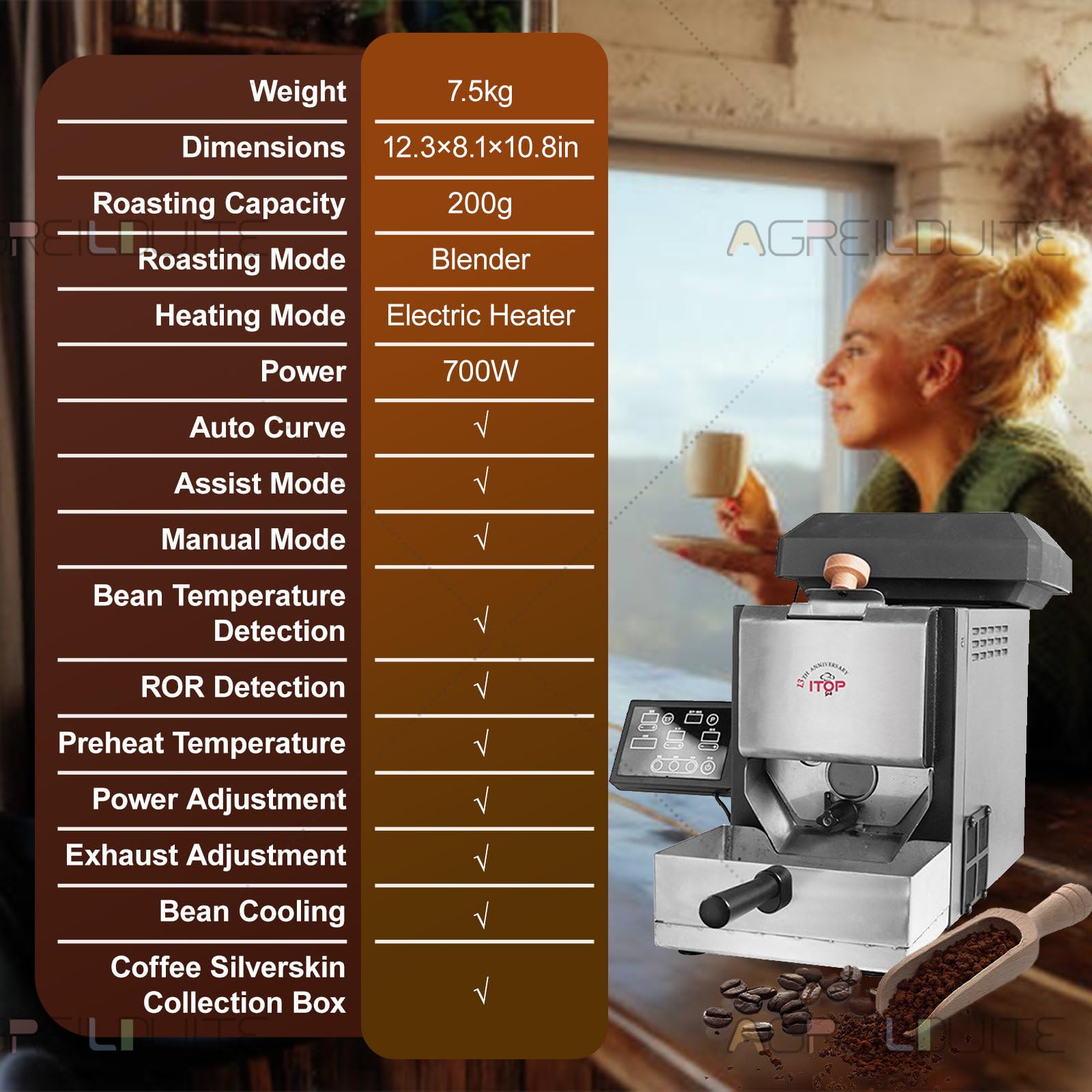 Kaffeebohnenröstmaschine, Professioneller Kaffeeröster Für 100–300 G Kaffeebohnen, Mit 9 Voreingestellten Kurven Für Helle/Mittlere/Dunkle Röstungen, Inklusive Rauchfilter Und Rauchrohren