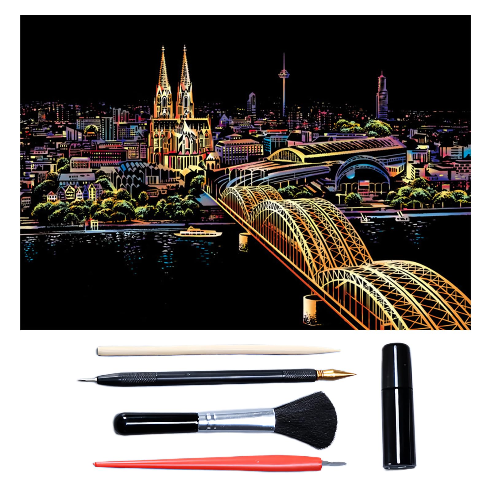 Scratch Art for Adults & Teens, Paint by Scratch 16 X 11.2 Inches, Scratch Off Paper Painting, Scratchart Kit Ornaments, Colorful Sketches Rainbow Scratch Art (Cologne Cathedral)
