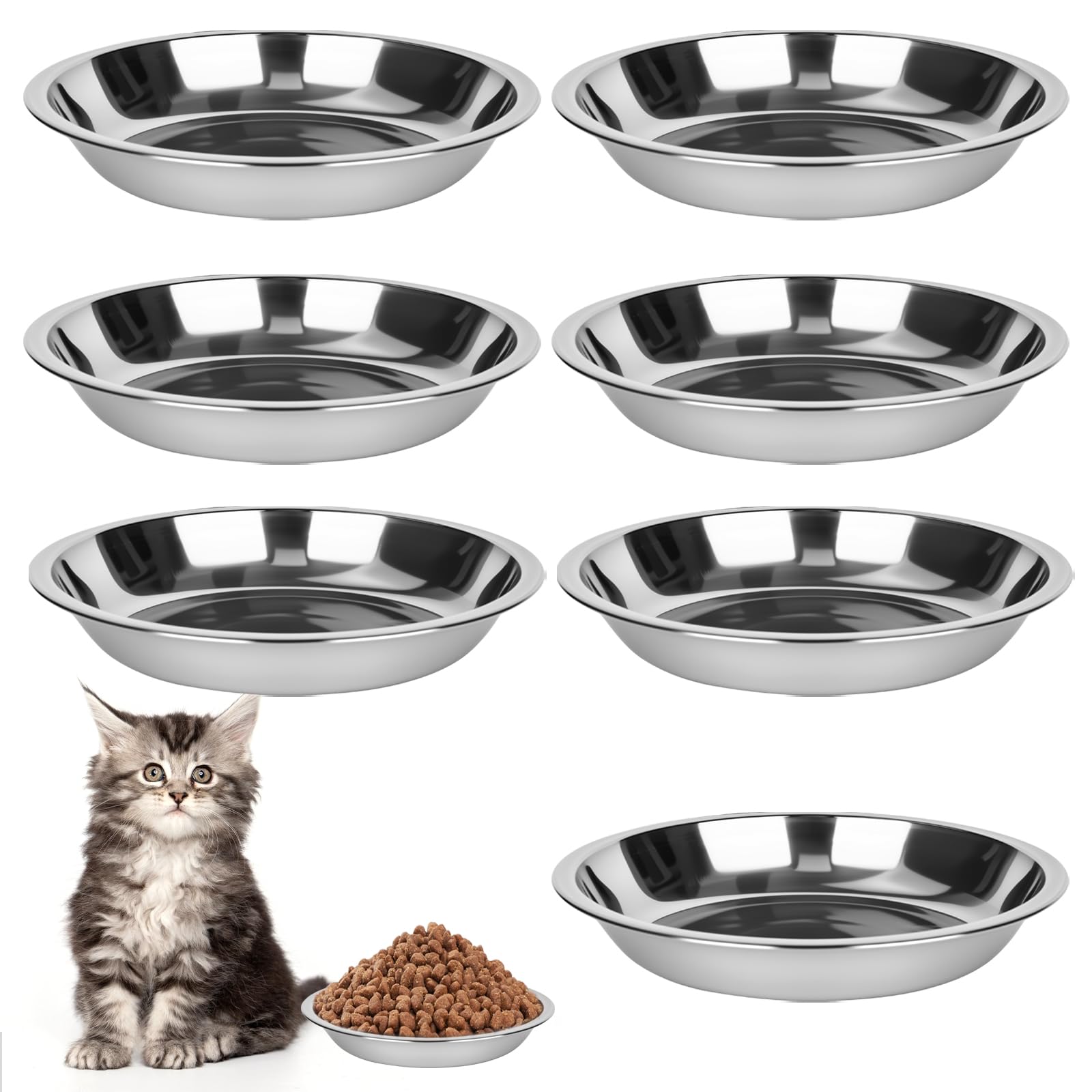 bssmmai 8 Pcs Stainless Steel Cat Bowls Whisker Friendly,6.3inch Shallow Wide Flat Cat Food Bowls,Metal Cats Feed Bowl,Pet Feeding Plates Replacement for Small Cat Dog