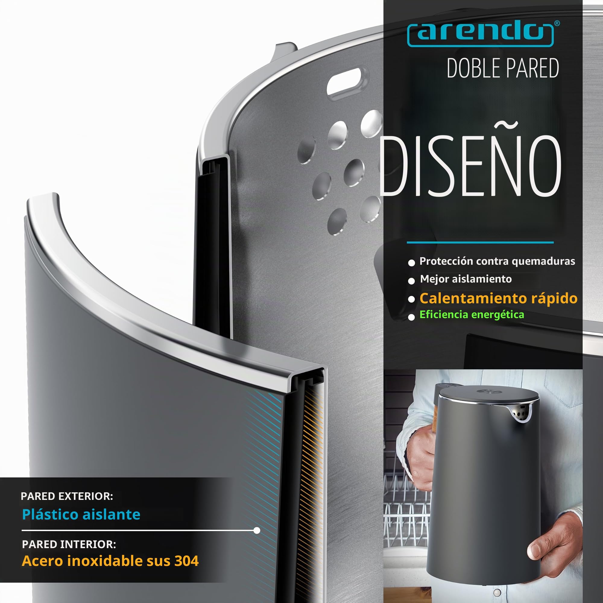 Arendo - Hervidor de agua de acero inoxidable con ajuste de temperatura - 45 °C - 100 °C - 1,5 litros - Doble pared - Libre de BPA - Función de retención de calor - Hervidor de tetera con indicador de