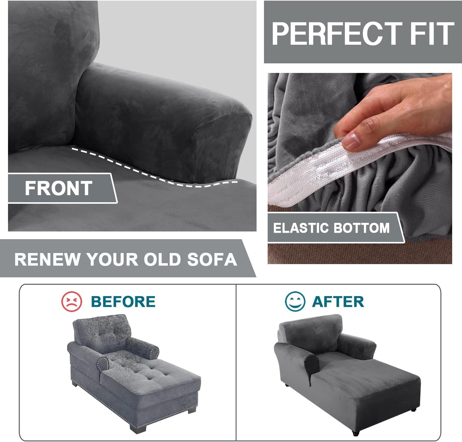 Velvet Chaise Lounge Cover - Stretchable Slipcover for Double Arm Chairs, Soft Plush Fabric Protector Fits Most Chaise Lounges (50"-72"), Machine Washable (Grey)