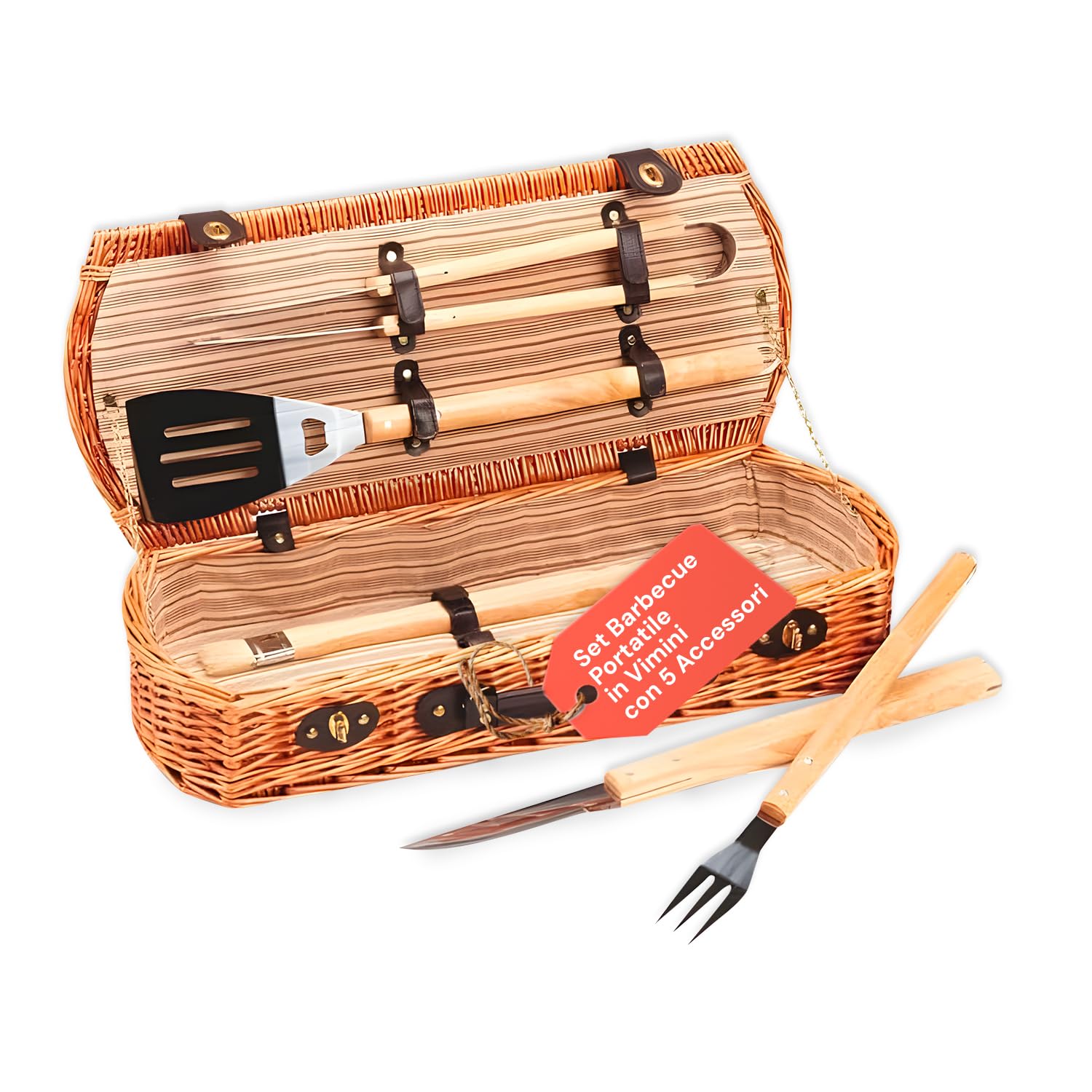 Avilia Bolsa de Herramientas para Barbacoa de Mimbre, Juego de Barbacoa portátil con 5 Accesorios en maletín, Kit para Barbacoa de Camping, Herramientas de Barbacoa de Viaje y Picnic al Aire Libre