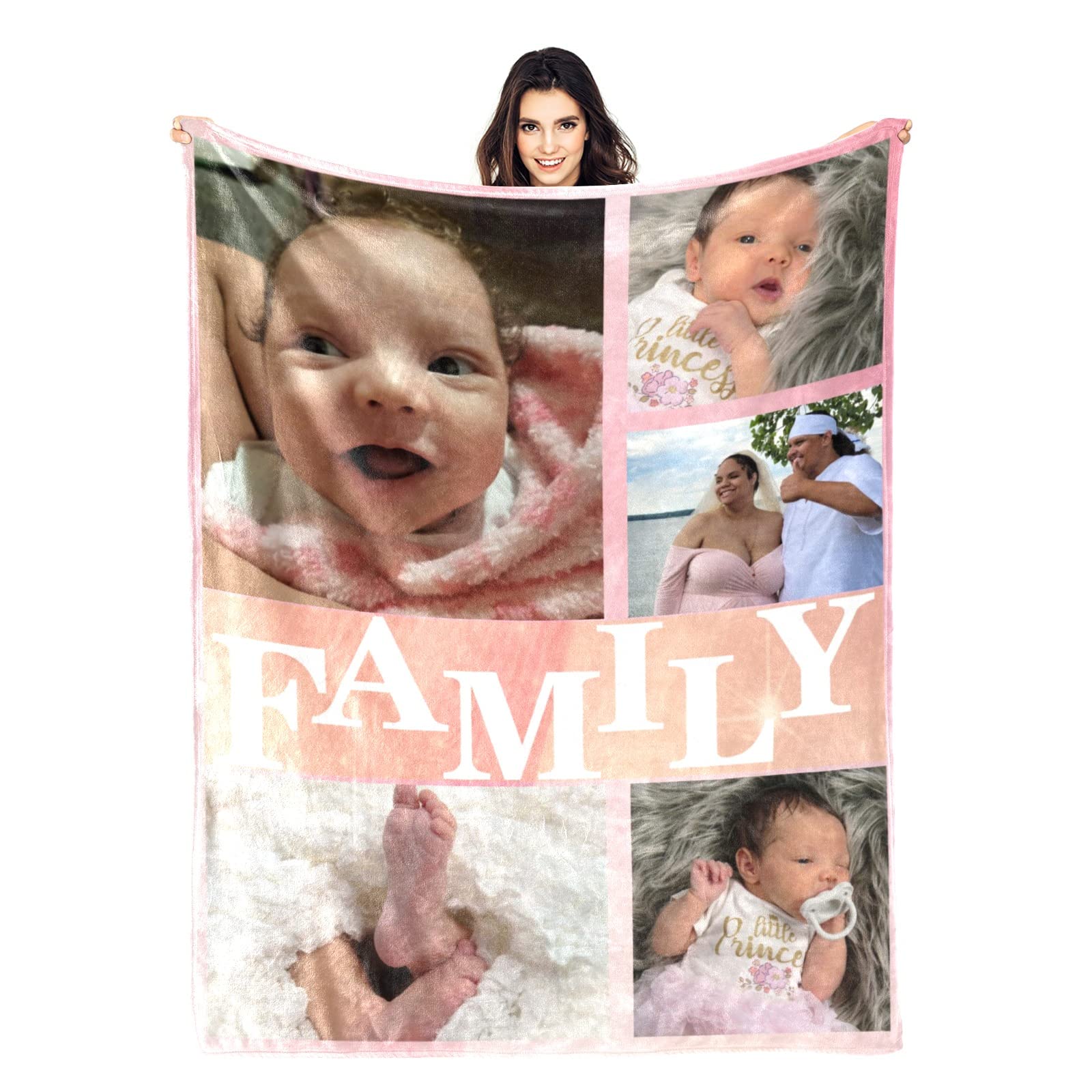 HSSQMH Custom Blankets with Photos Memory of Family Picture Blankets Customized Blanket with 5 Photo Collage Valentine's Day Wedding Birthday Personalized Gifts for Mom Dad Dogs Kids 50