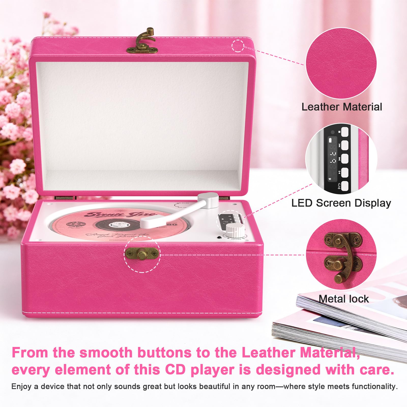 Portable CD Player with Built-in Speakers, Vintage CD Player Bluetooth, Support Bluetooth in & Out, USB/AUX/Type-C Playback, with LED Screen, Headphone Jack, Ideal Gift for Music Lovers(): Hot Pink