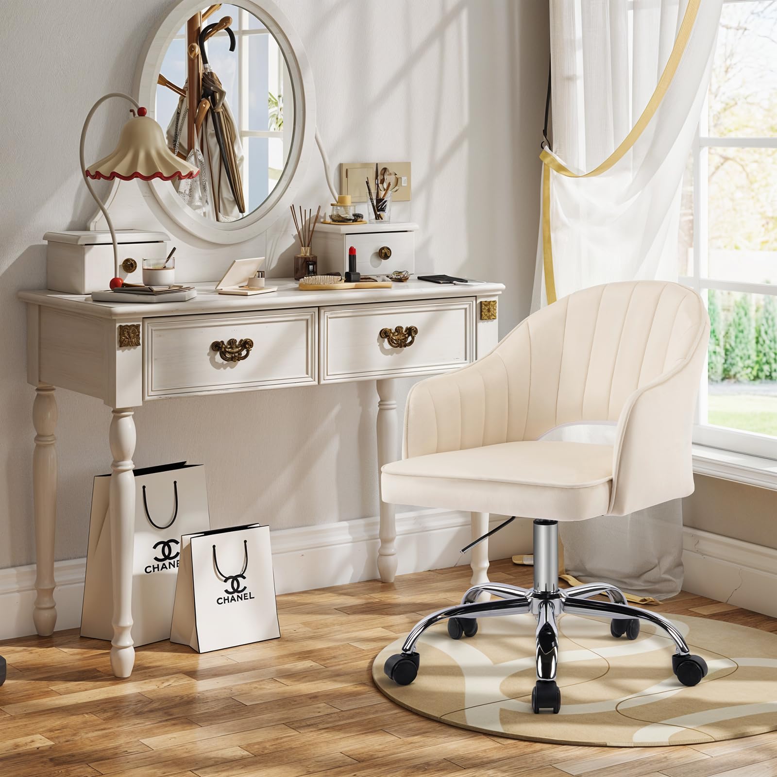 Homeoffice krzesło biurowe, obrotowe, z regulacją wysokości, aksamitne, ergonomiczne, do gabinetu, sypialni, obciążenie do 113 kg, kremowo-białe