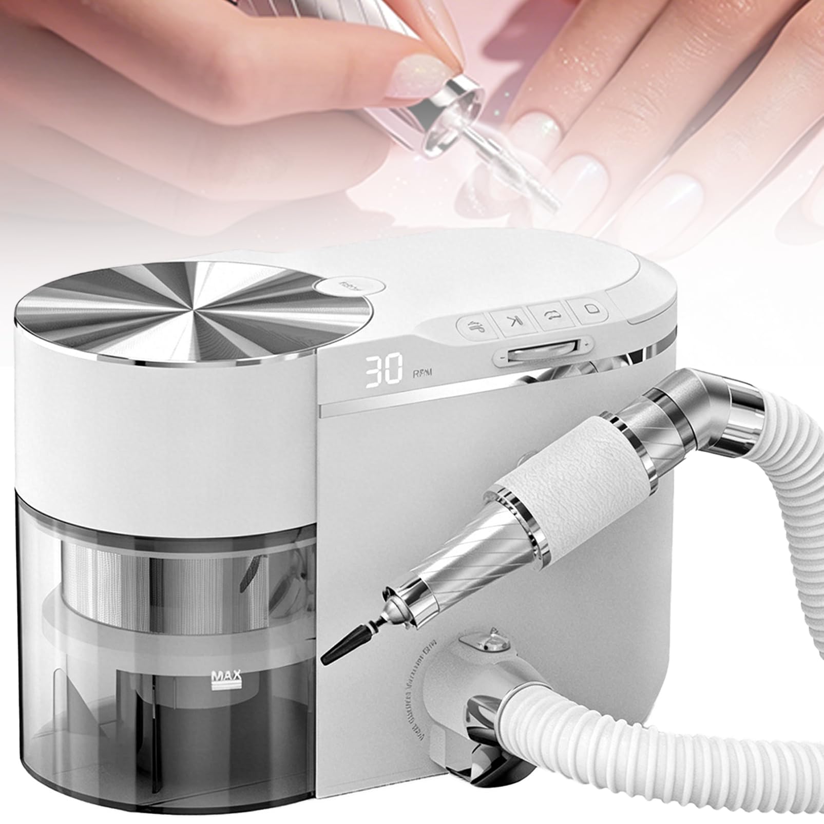 Aspiratore per polvere e trapano per unghie professionale 2 in 1, Regolazione della velocità a 30000 giri/min, aspirazione a 1,5 kPa, contenitore per la polvere rimovibile, facile da pulire White