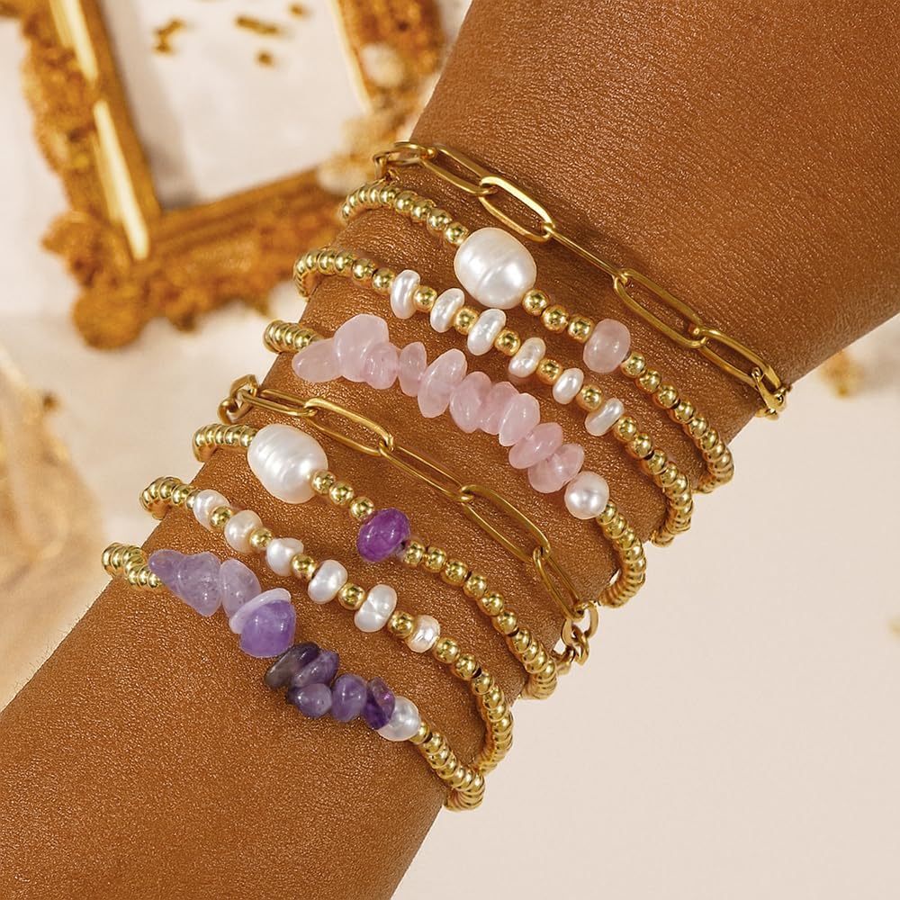 Gold Beaded Bracelets for Women Handmade Pearl Colorful Crystal Paperclip Link Chain Bracelet Stack Stretch Elastic Boho 14K Gold Plated Beads Stackable Trendy Jewelry Friendship Gift - Image 3