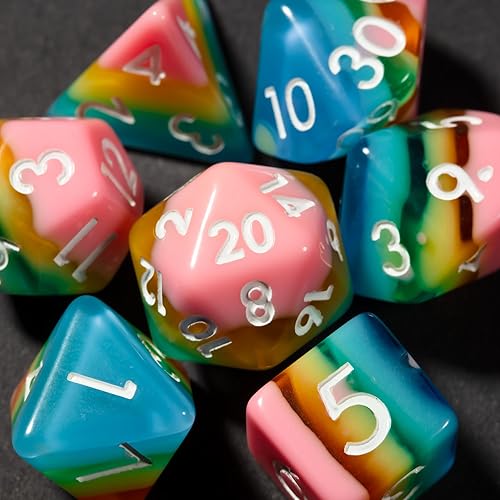Miniatura 4 de Huong Juego de dados de resina de 7 piezas Galaxy D&D, juego de dados polihedarl DND para juegos de rol de Calabozos y Dragones (arcoíris)