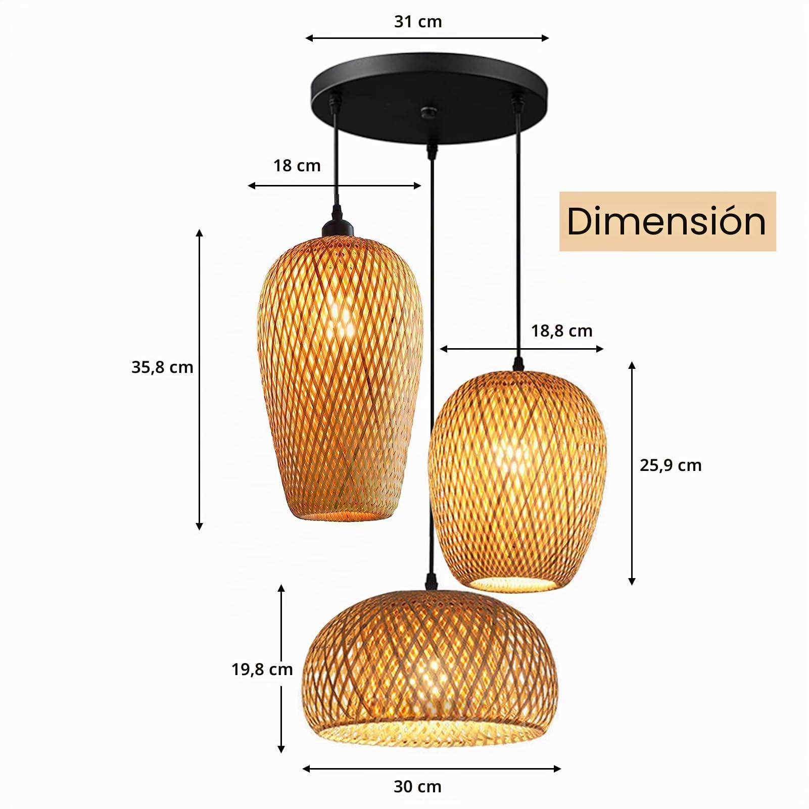 Lámpara de techo colgante de bambú, estilo retro japonés, E27, lámpara de techo colgante, para sala de estar, dormitorio, restaurante, cafetería, bar, comedor o club (3 luces de cabeza)