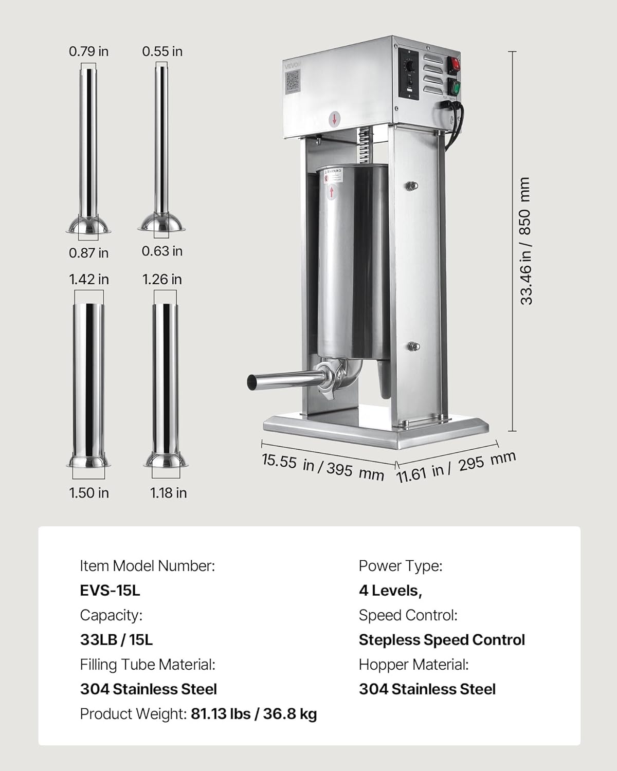VEVOR Electric Sausage Stuffer, 33 LBS / 15 L Vertical Meat Stuffer, Stepless Speed Control and Foot Pedal, Stainless Steel Heavy Duty Sausage Filler with 4 Stuffing Tubes, for Commercial & Home Use