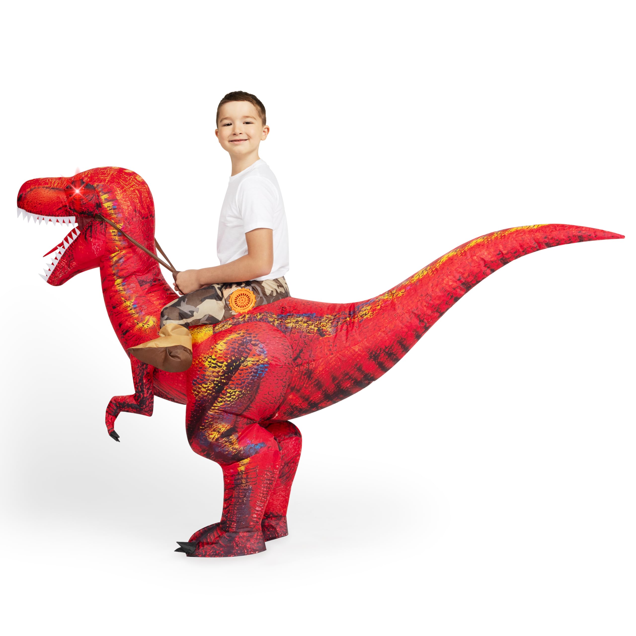 Spooktacular Creations Disfraz de dinosaurio inflable para niños, disfraz de T-Rex con ojos iluminados LED, montar un raptor, disfraces de Halloween inflables con aire impreso digitalmente