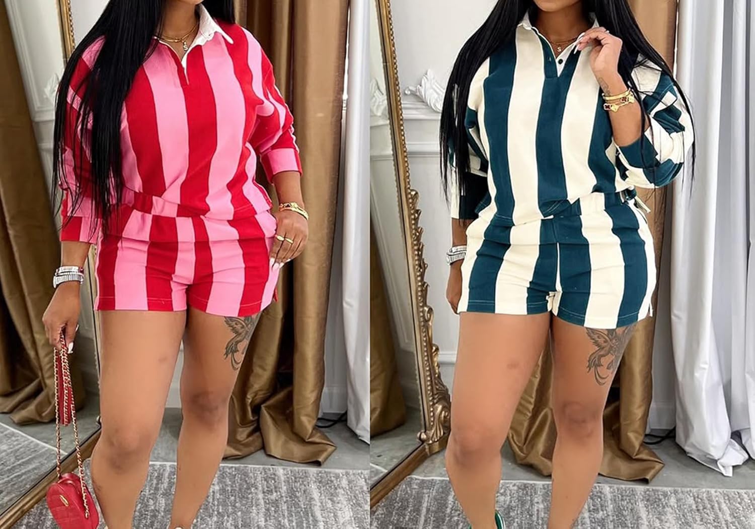 Tbahhir Short Sets Women 2 Piece Outfits Striped Long Sleeve Sweatshirts and High Waisted Shorts Jogger Tracksuits Fall - Image 8