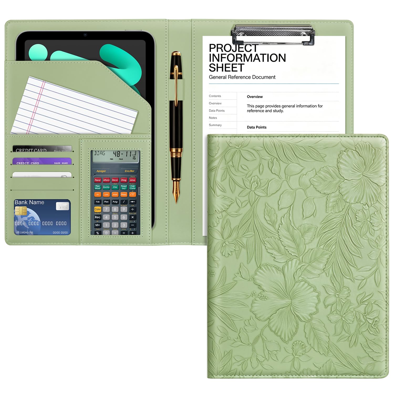 WAVEYU Professional Padfolio with Clipboard, Embossed Faux Leather Portfolio Folder Binder, Legal Pad Holder for A4 Letter Size Notepad, Resume, Organizer for Business Conference for Women Men, Green