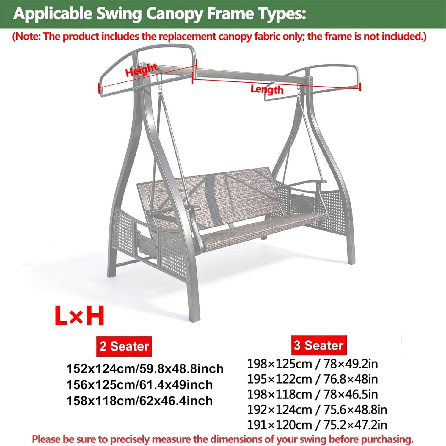 Outdoor Swing Canopy Replacement Top Cover, 2/3 Seater Hammock Cover Top, Waterproof Replacement Canopy Outdoor Furniture Cover for Garden Patio Porch(2 Seater: 158x118cm/62x46.4in)