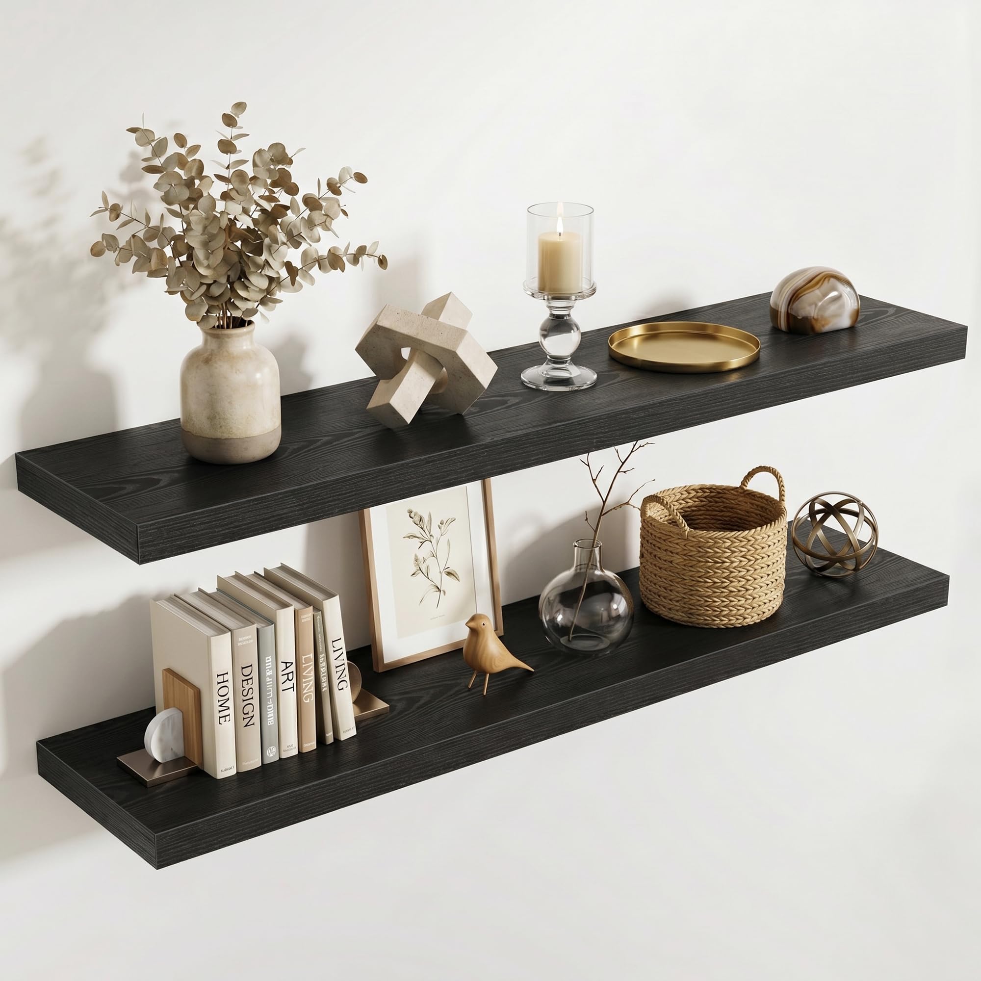Acovy 25cm Extra Deep Floating Shelves, 120cm Long Wooden Wall Mounted Shelf, Wall Shelves for Living Room Bathroom Bedroom Kitchen, Black, Set of 2