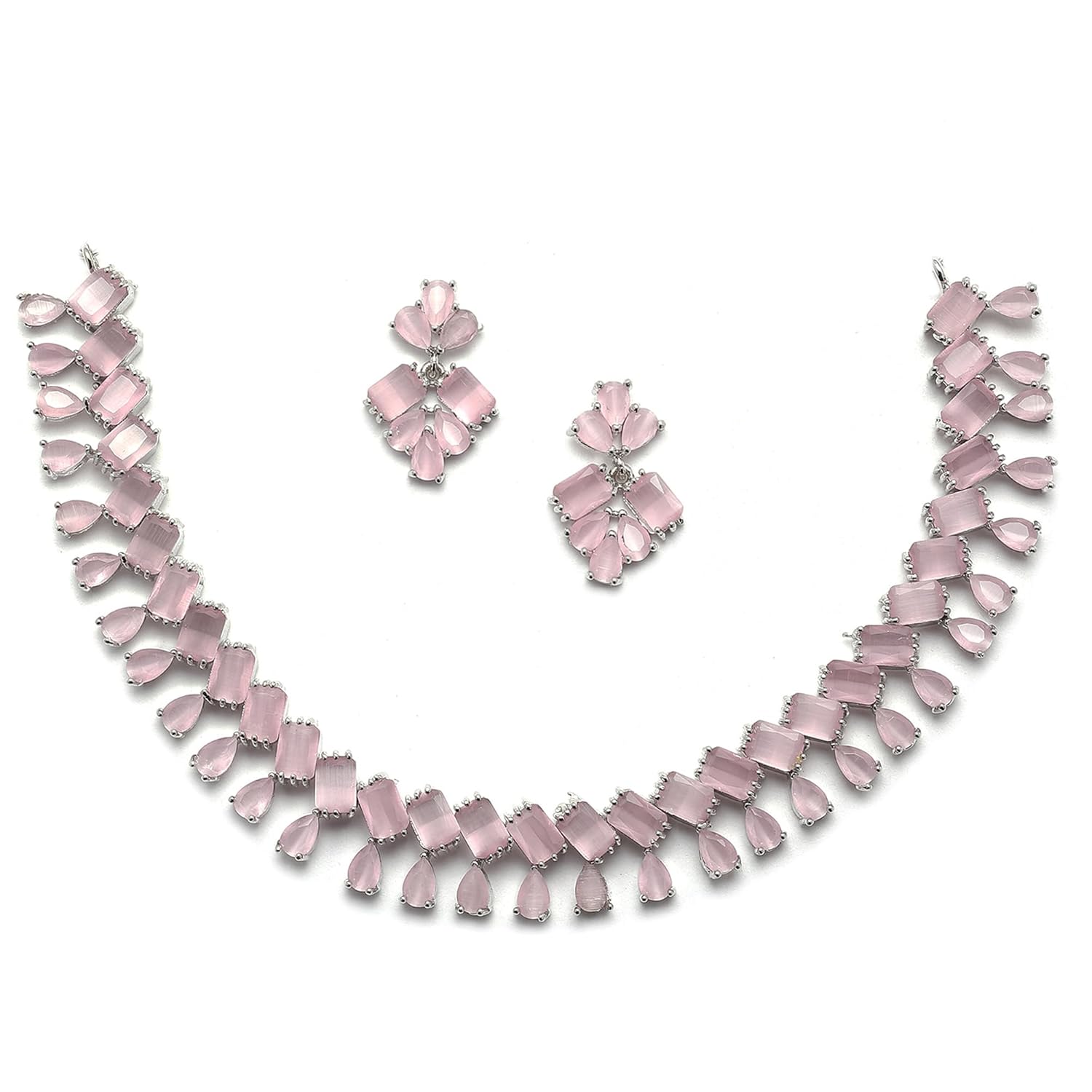 ZENEME Rhodium-Plated Silver Toned Pear Shaped American Diamond Studded Necklace with Earrings Jewellery Set with Girls and Women