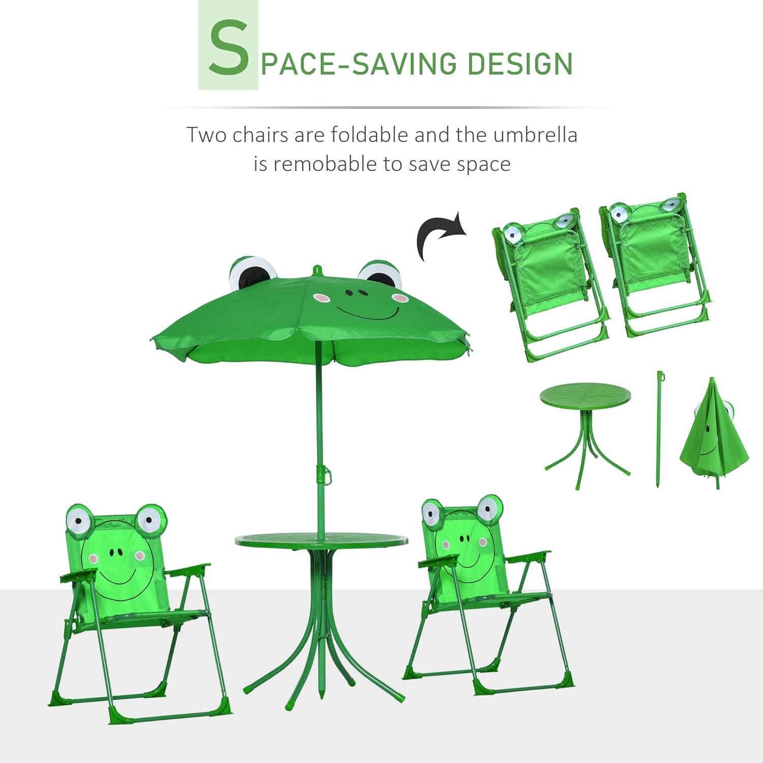 Outsunny Folding Kids Table and Chair Set, Picnic Table with Frog Pattern Removable & Height Adjustable Sun Umbrella for Garden, Backyard, Green