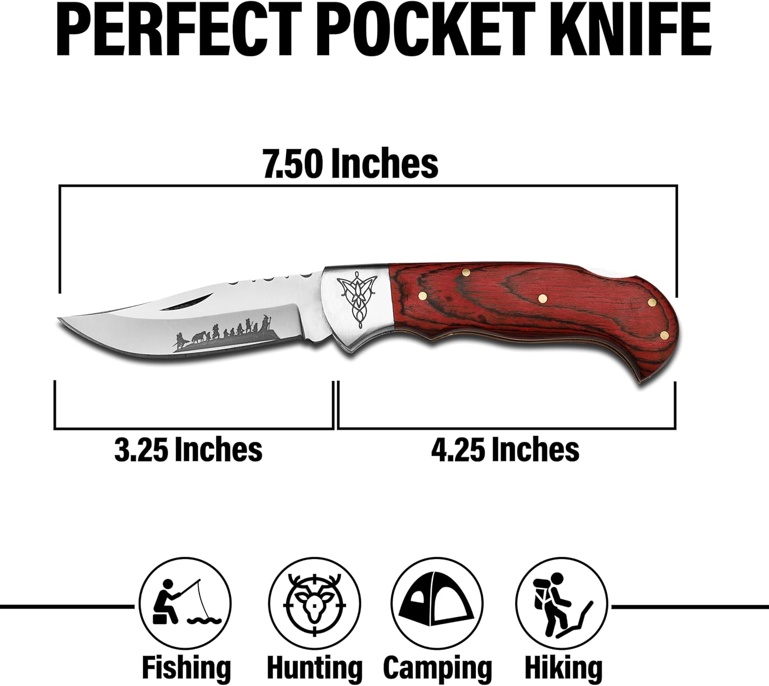 Folding Pocket Knife, 420HC Blade, Pakka Wood Handle, Brass Lord of the Rings Symbol, EDC Tactical Knife with Gift Locket, Ideal for Camping, Survival, and Gifts (Red)