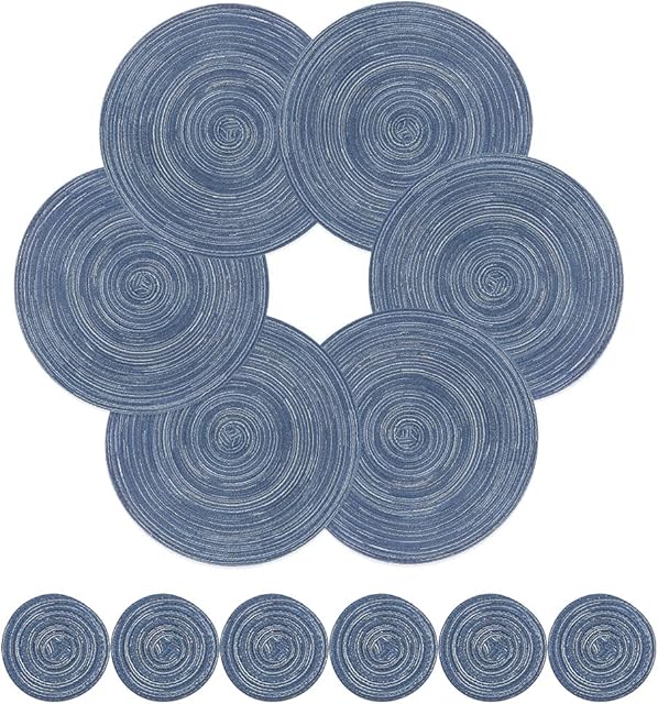 Outmotus Round Table Mats, Heat Resistant Washable Placemat and Coaster Set of 6 for Dining Kitchen Table(Blue)
