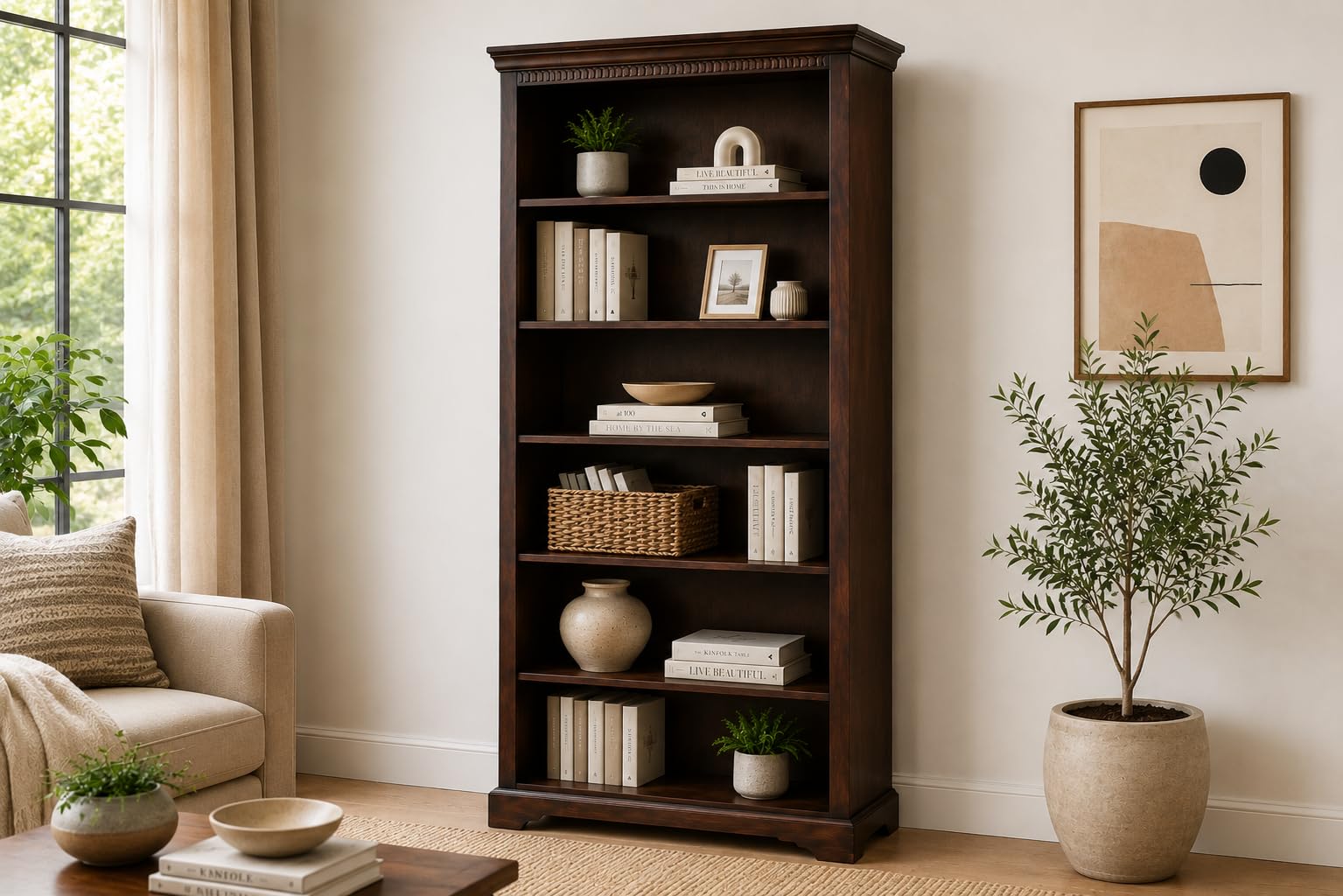 Bello Stucco Solid Wood Open Bookcase Dark Walnut 96x35x200cm | 5-Tier Display Shelves, Living Room & Office, Dark Walnut Finish, Carved Crown Detail, Ample Storage Space-image-46
