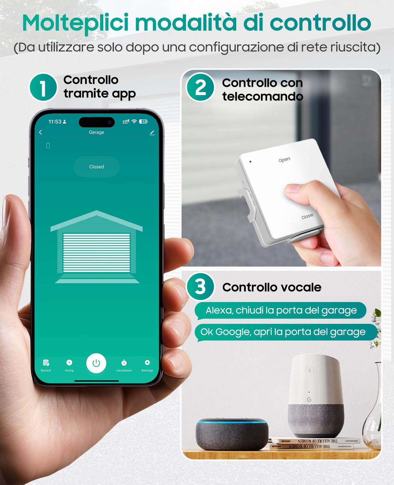 Yomogi Apriporta da Garage Wi-Fi, Modulo Interruttore Smart per Garage con Telecomando RF 2.4G, Controllo Vocale e Programmabile, Compatibile con Alexa/Google Home/Smartlife, Facile Installazione