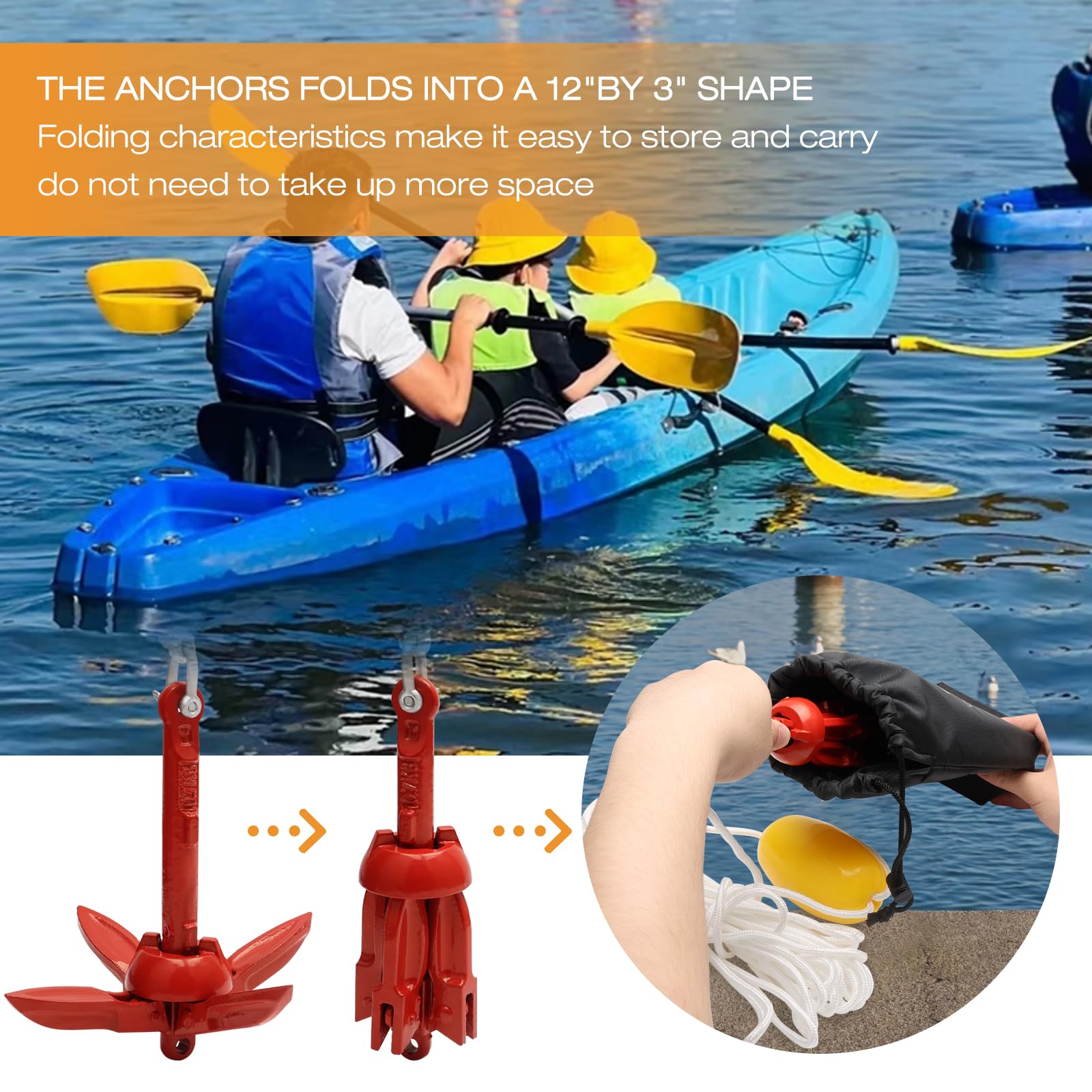 Anclaje de kayak para kayaks, canoas, tablas de remo SUP y motos acuáticas, ancla plegable con cuerda de remolque de anclaje de 40 pies y bolsa de transporte