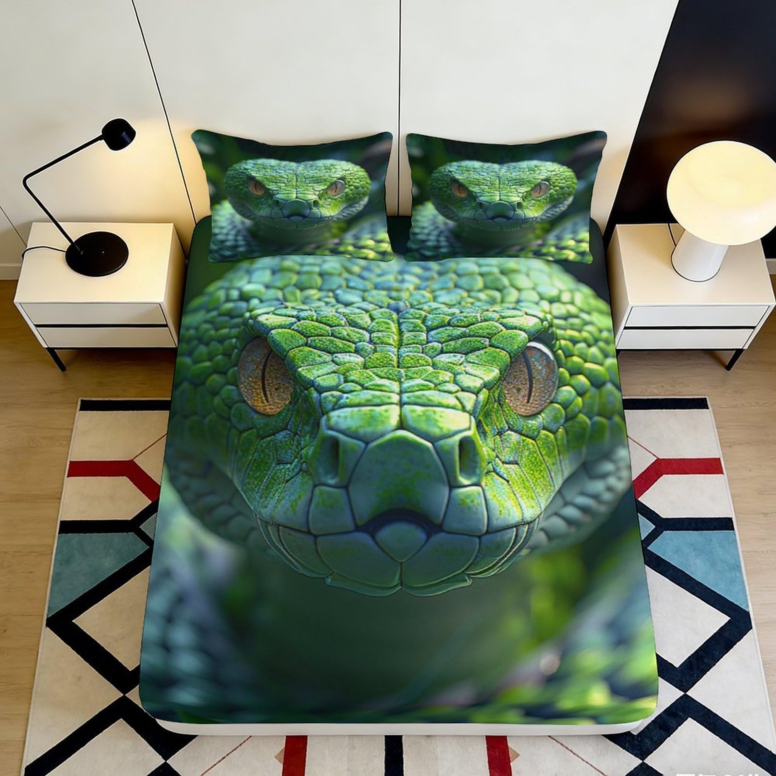 3D Printed Green Snake Fitted Sheet Microfiber Soft Breathable Reptile Bed Cover for Bedroom Dorm Mattress Protection Decor 90x200x25cm