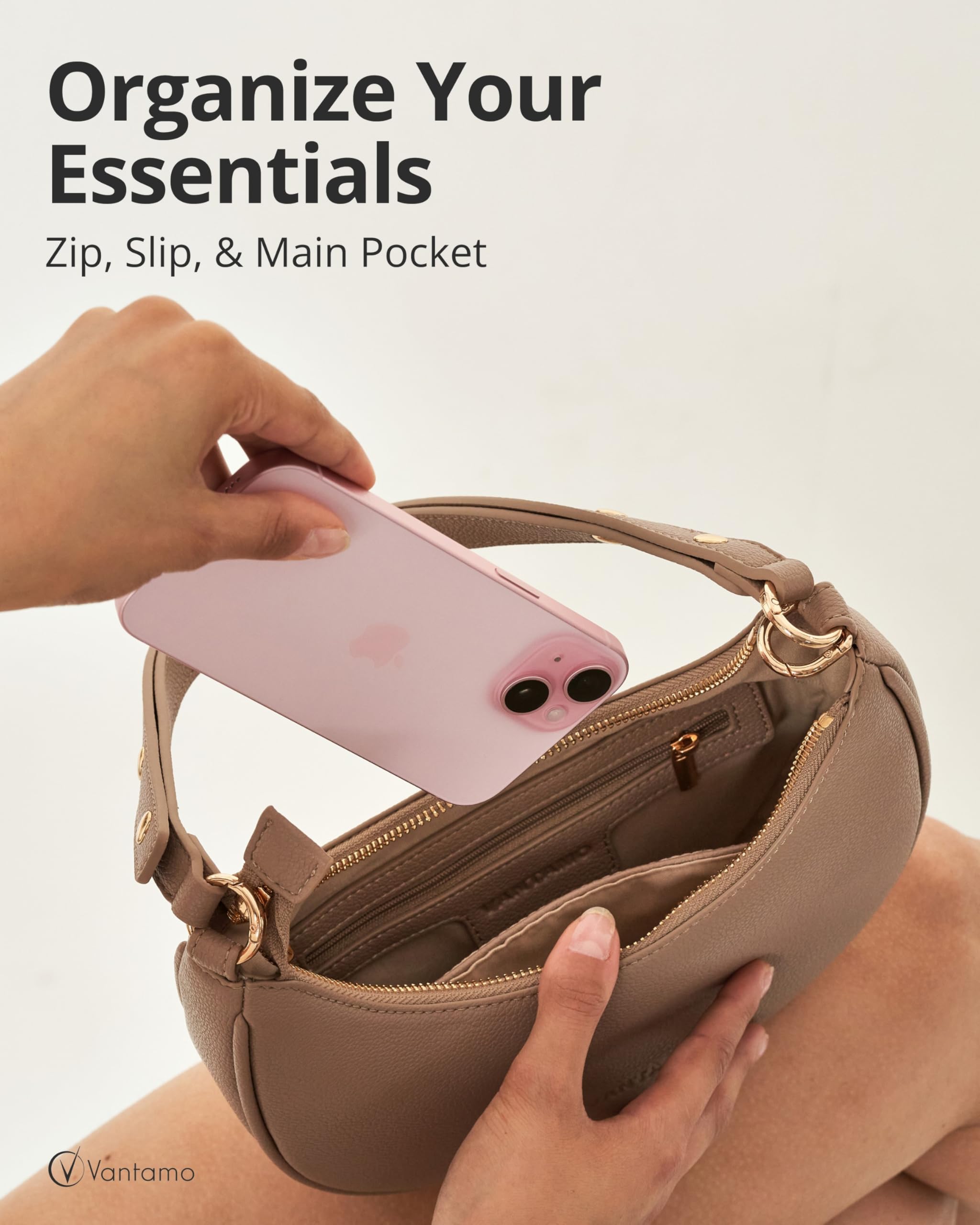 Vantamo Crescent Bags For Women with RFID Protection, Half Moon Clutch Purses for Women with Anti-Theft Clip for Extra Safety: Taupe