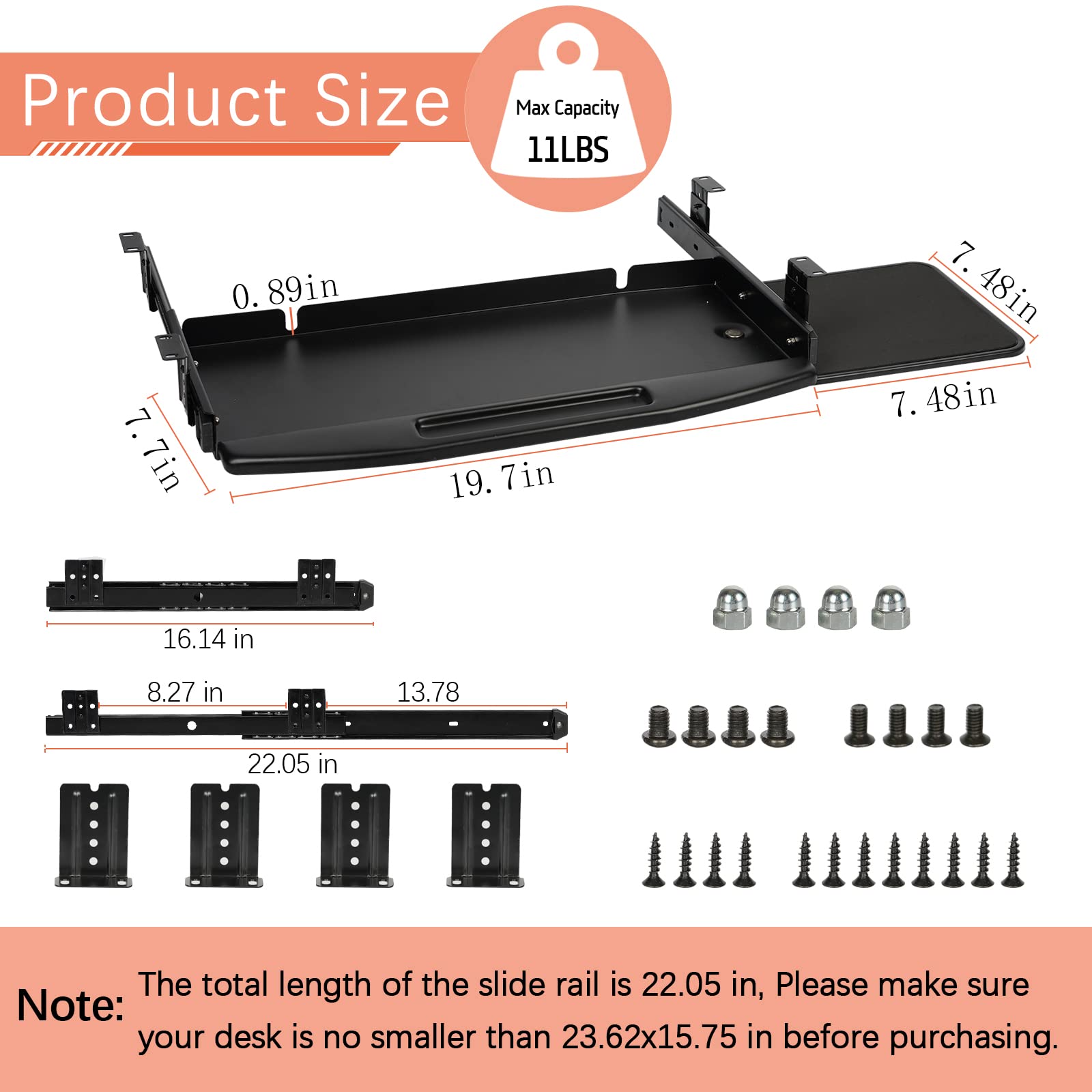 Lilithye Keyboard Tray Under Desk Drawer with Mouse Platform 19.7