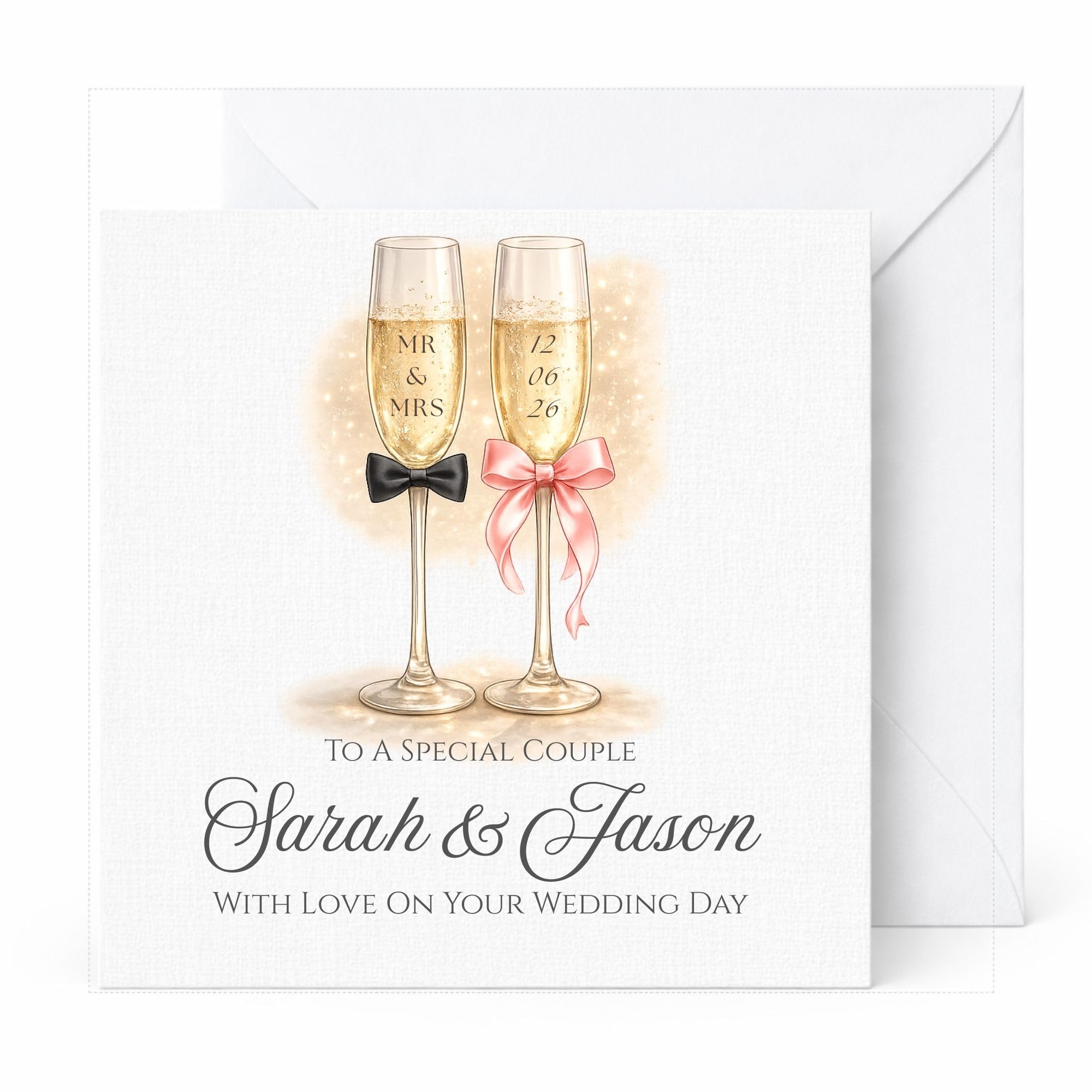 Personalised Wedding Card for Couple, Mr and Mrs, Mrs and Mrs, Mr and Mr Champagne Glass Design Custom Names Date Luxury Linen Wedding Day Card from Parents Grandparents Family