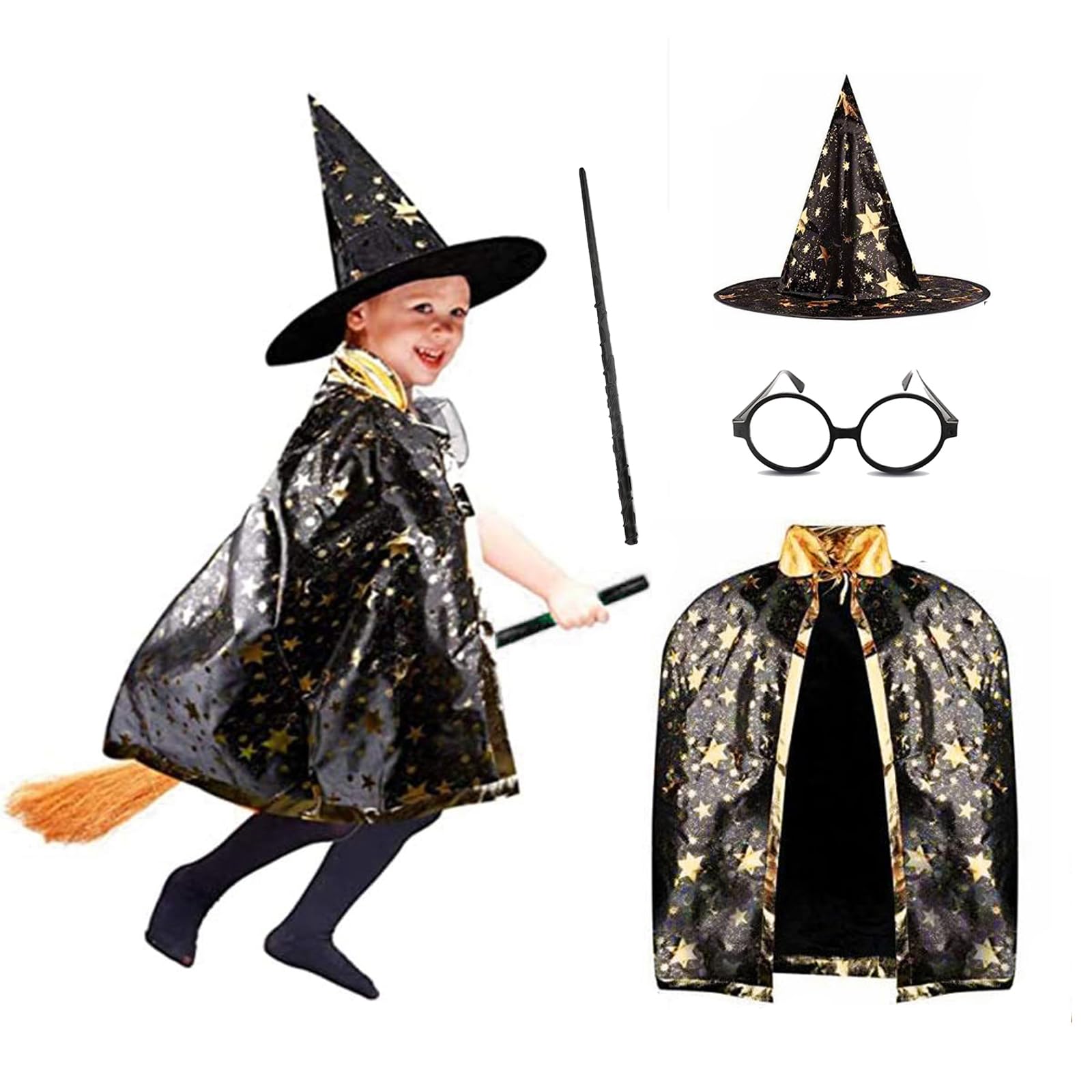 Gamtec Unisex Kids Christmas Halloween Party Costumes Witch Wizard Cloak with Hat Wizard Cape and Hat Child's Kids Costume Cosplay Fancy Dress for Kids Toddlers Children Boys/Girls(Black)