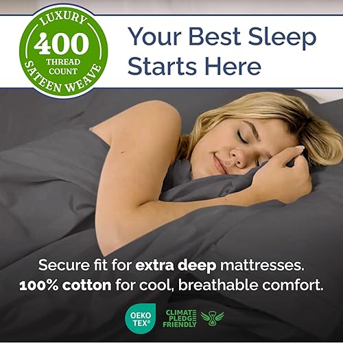 Miniatura 2 de Juego de sábanas de 4 piezas con bolsillos extra profundos de 400 hilos, 100% algodón, tamaño California King, transpirable y refrescante, juego de