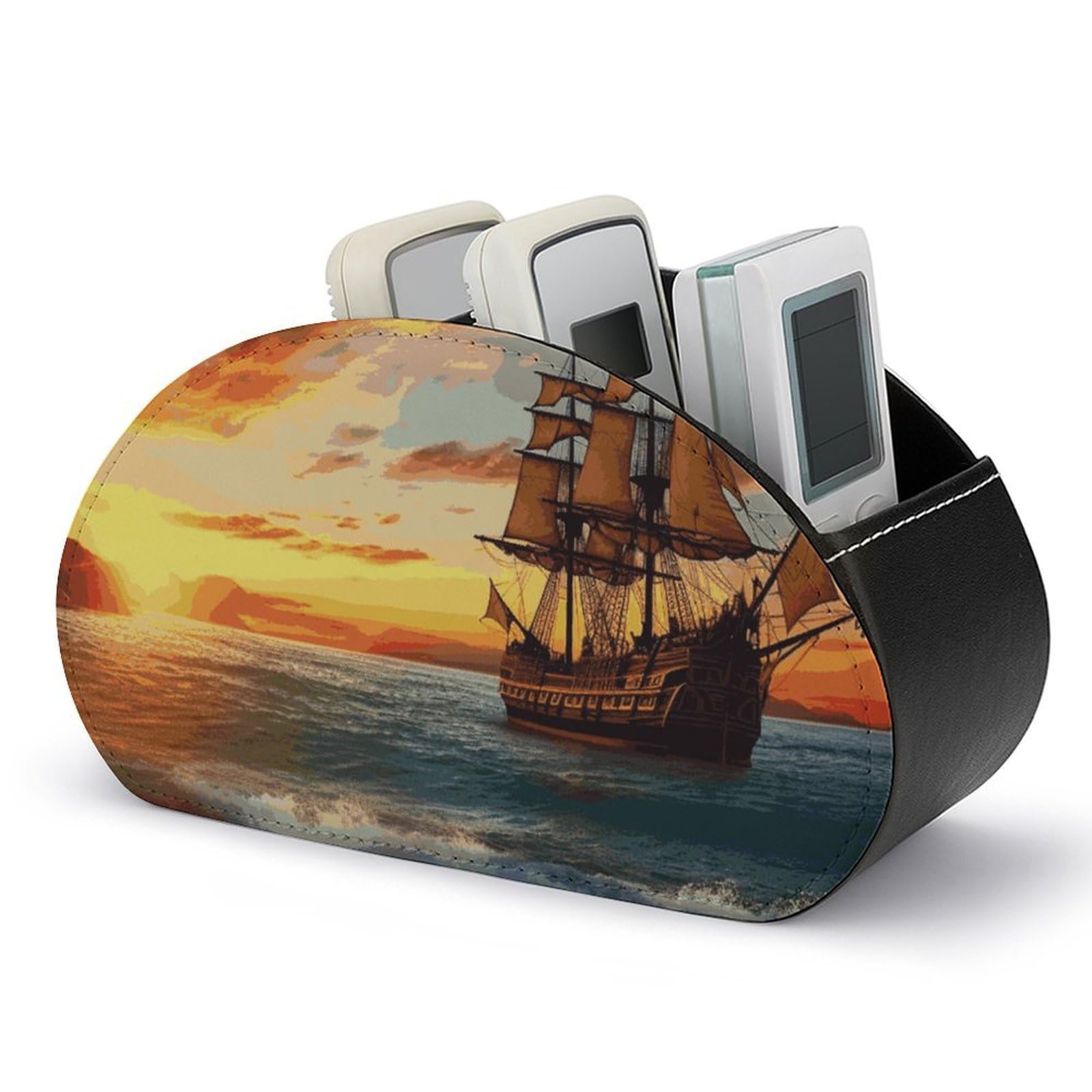 JTREHY Pirate Ship in The Sunset Remote Control Holder with 5 Compartments Pu Leather Remote Caddy Box Multi-functional Deskt Holders Organizer Box Tray Bedside Table Storage Organizer