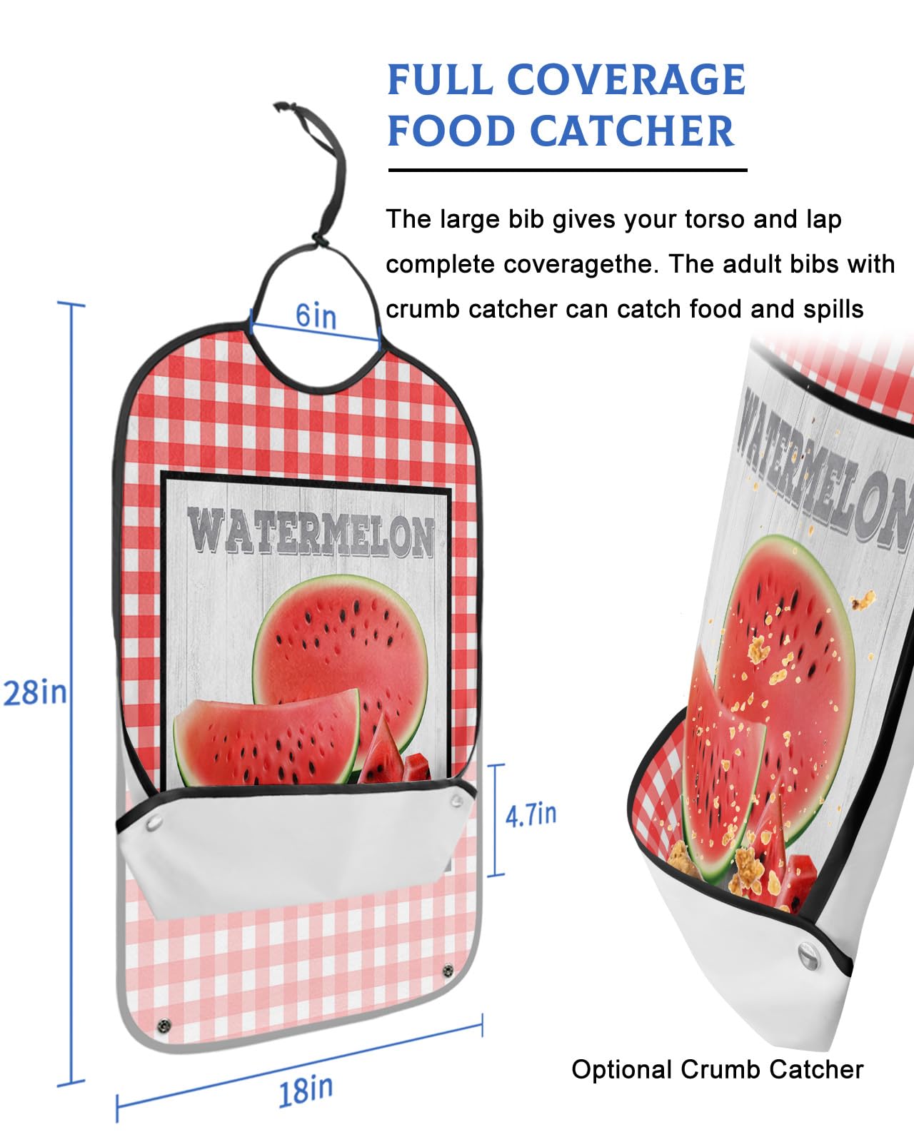 LEOKOTI Summer Watermelon Adult Bibs for Eating, Waterproof Bibs with Food Catcher & Adjustable Snap Closure, Red Plaid Rustic Wooden Washable Clothing Protectors Adult Bibs for Elderly Women/Men