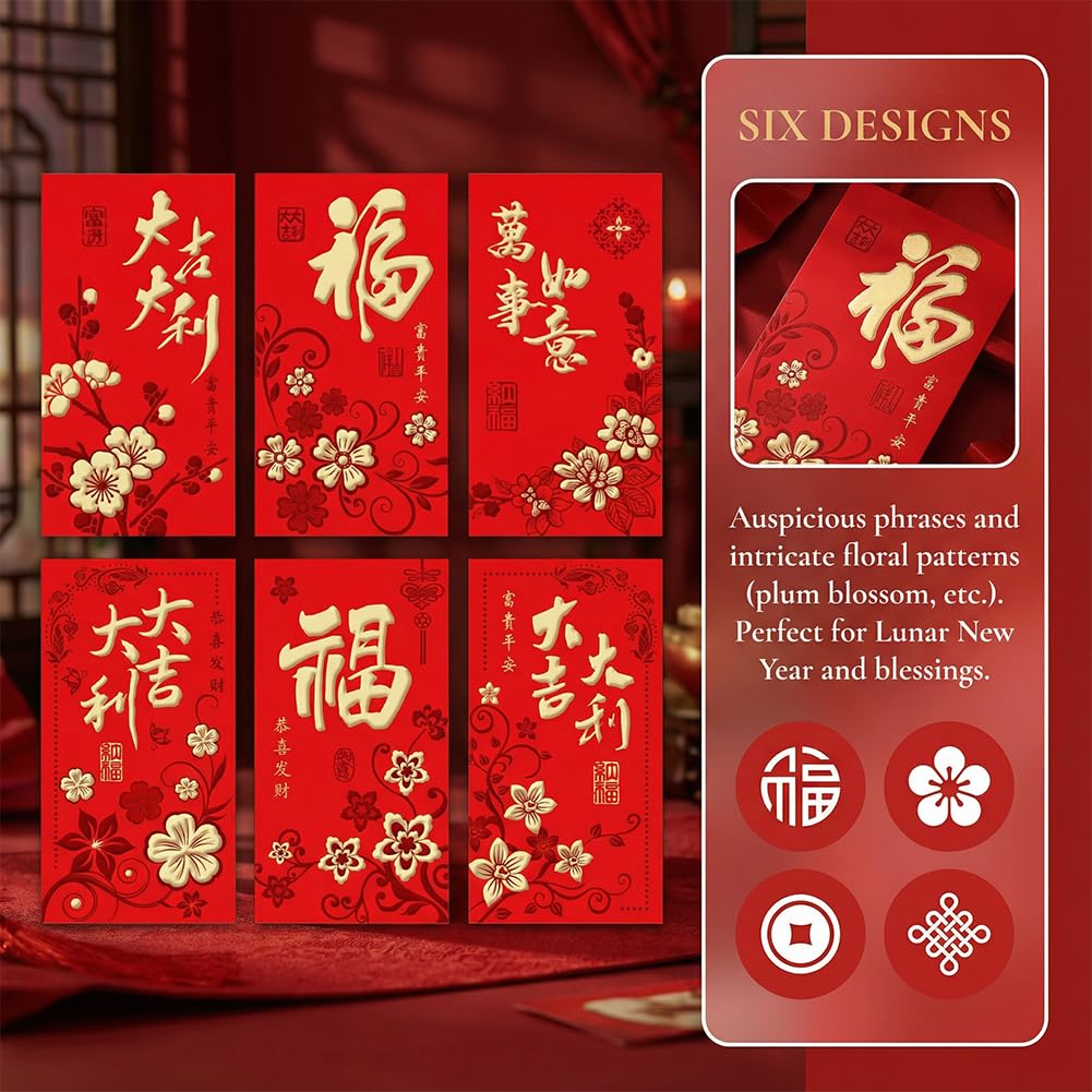 36 Pezzi Rosse per Capodanno Cinese 2026 Portafortuna con Motivo Hong Bao Rilievo