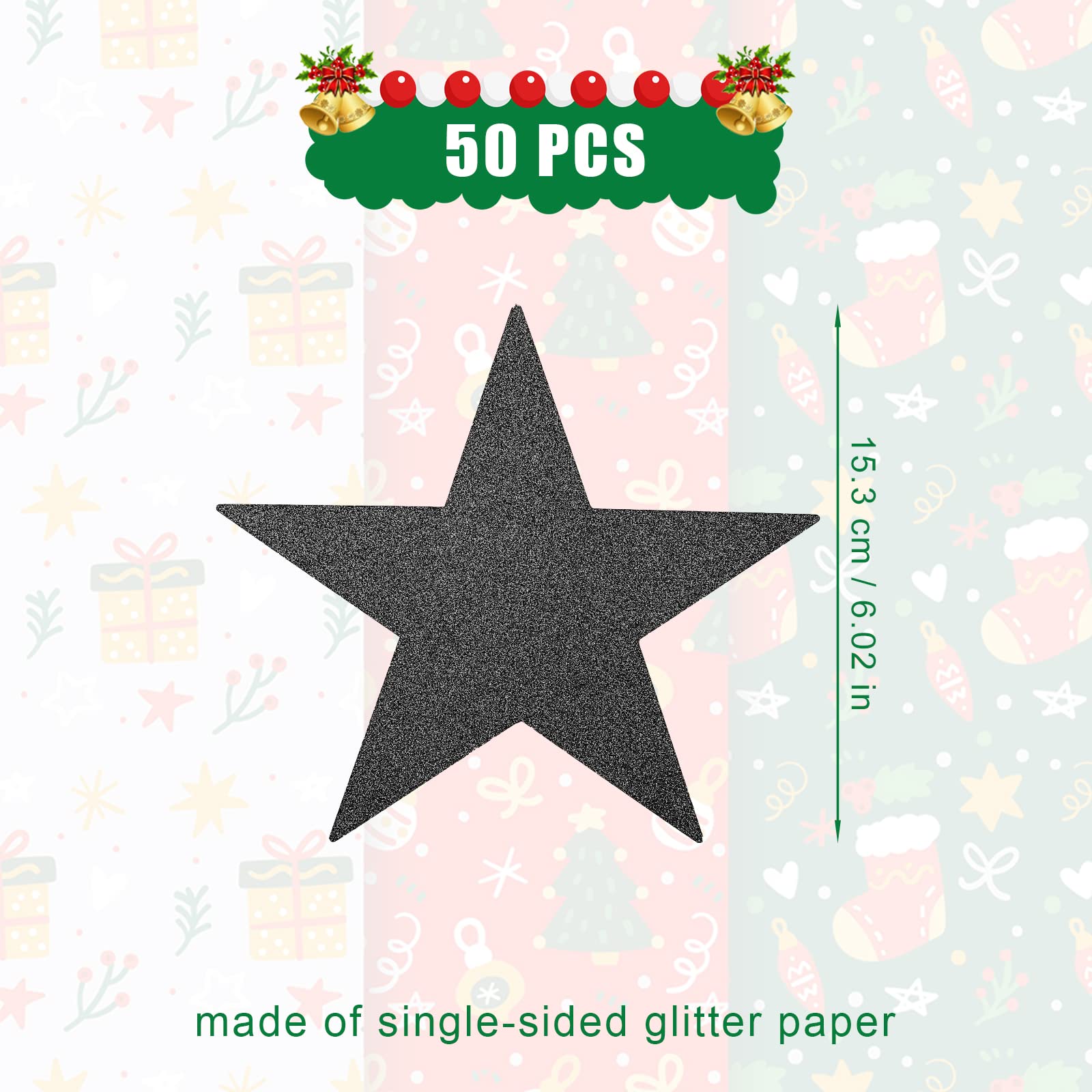 50pcs Glitter Star Cutouts, 6inch Twinkle Star Glitter Paper Confetti Star Shape Paper Cut Outs for Bulletin Board Classroom Wall Party Supplies (Black) - Image 2
