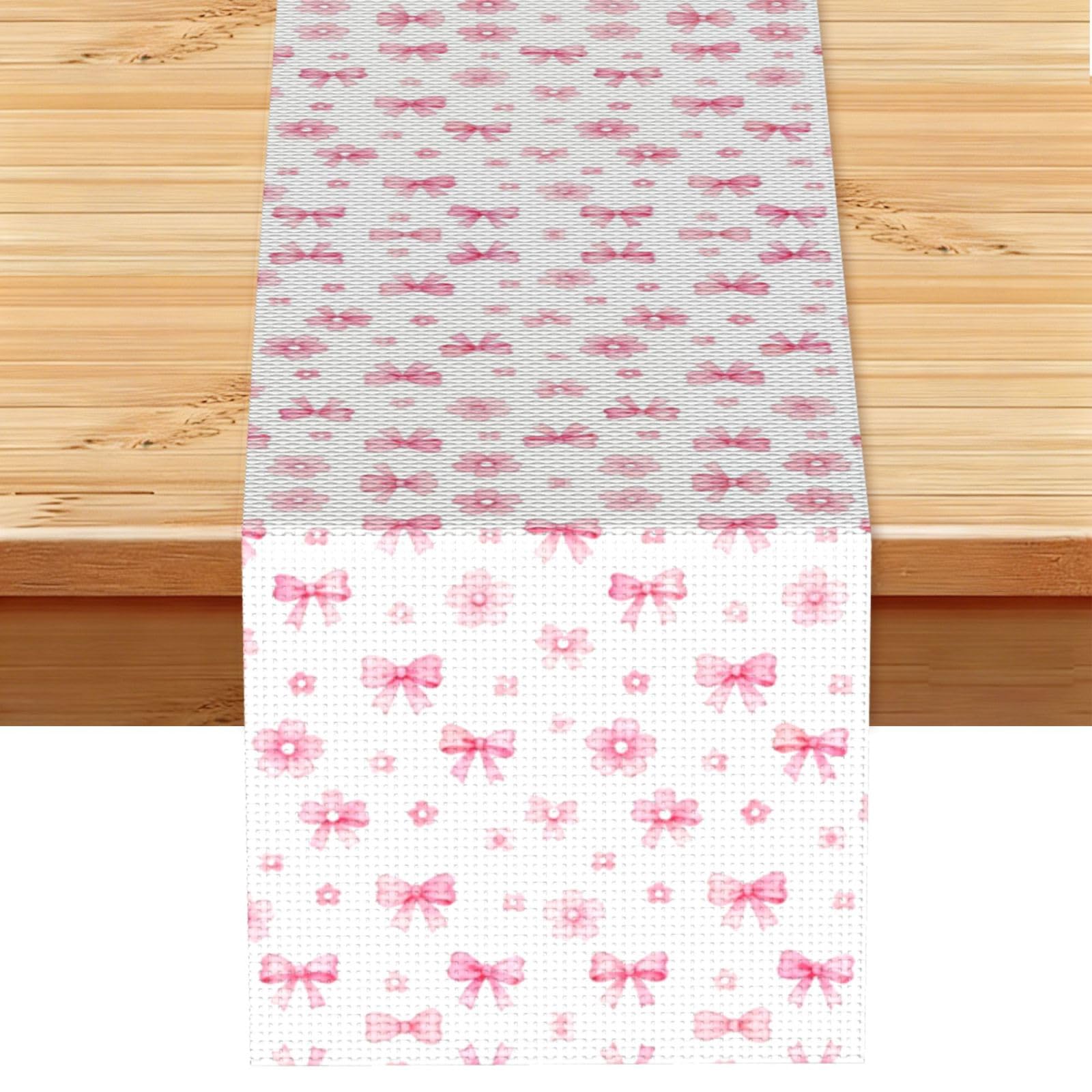 Bow Flower Seamless Linen Look Table Runner 13x72-Wrinkle Resistant Farmhouse Style for Dining Table Decor