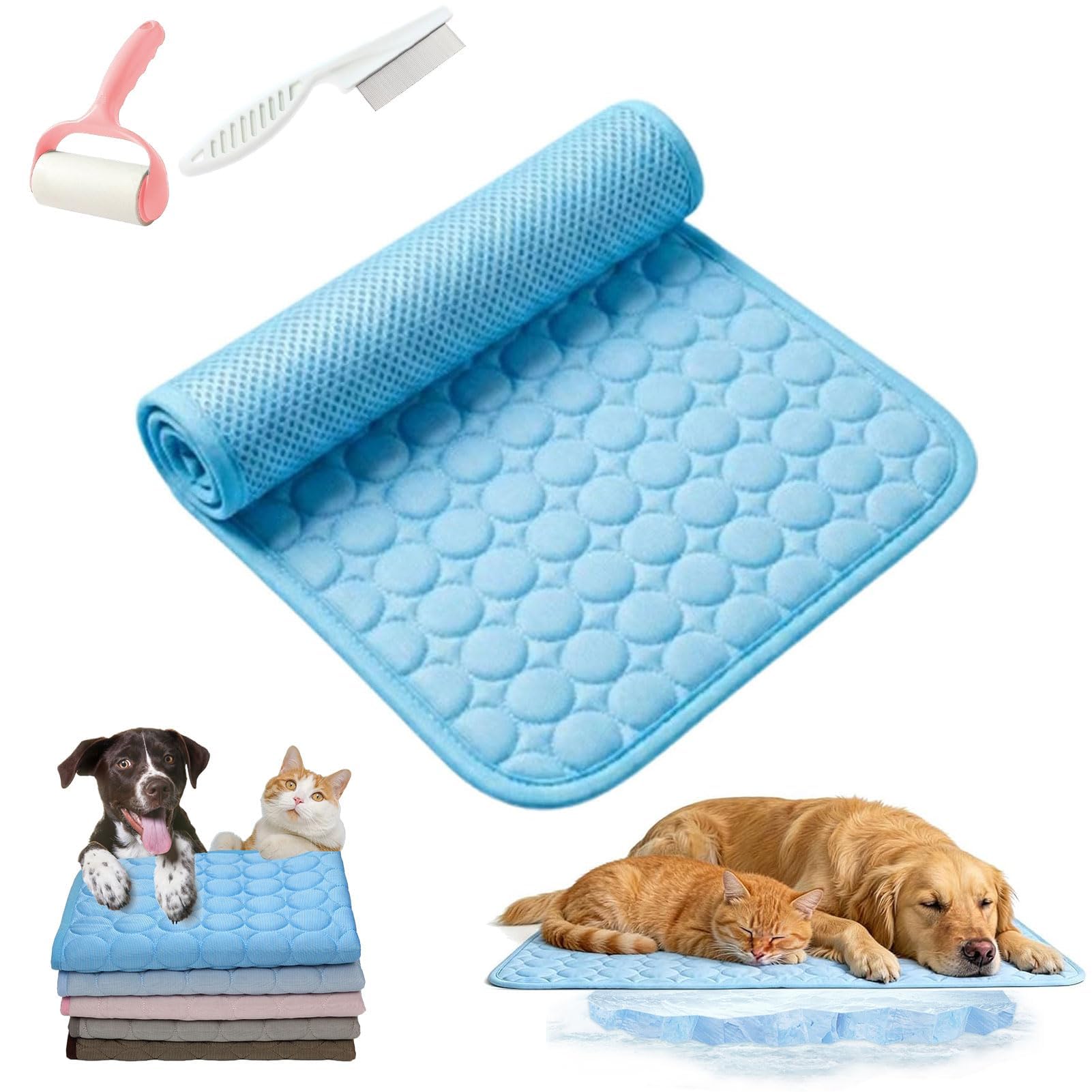 Dog Mat, Self-Cooling Pet Mat, Foldable Portable Ice Silk Self-Cooling Pet Cool Sleeping Pad, Washable Coolings Pad for Dogs Cats ，blue：M