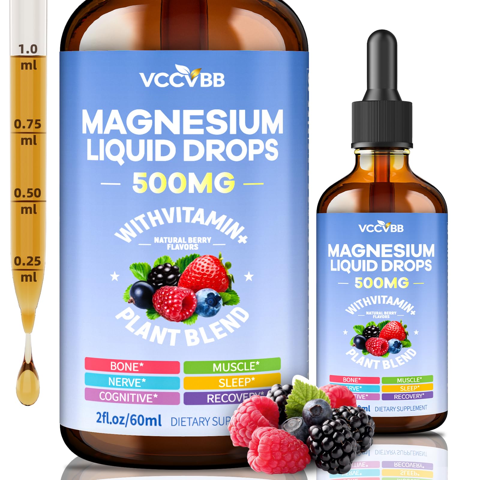Magnesium Glycinate Liquid Drops, 500mg Magnesium Complex with D3 K2 500mg-Berry Flavor 2 Fl Oz (Pack of 1)