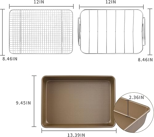 Miniatura 2 de Asador antiadherente de acero al carbono con estante plano y estante en V, base texturizada de 0.031 in de grosor, oro champán