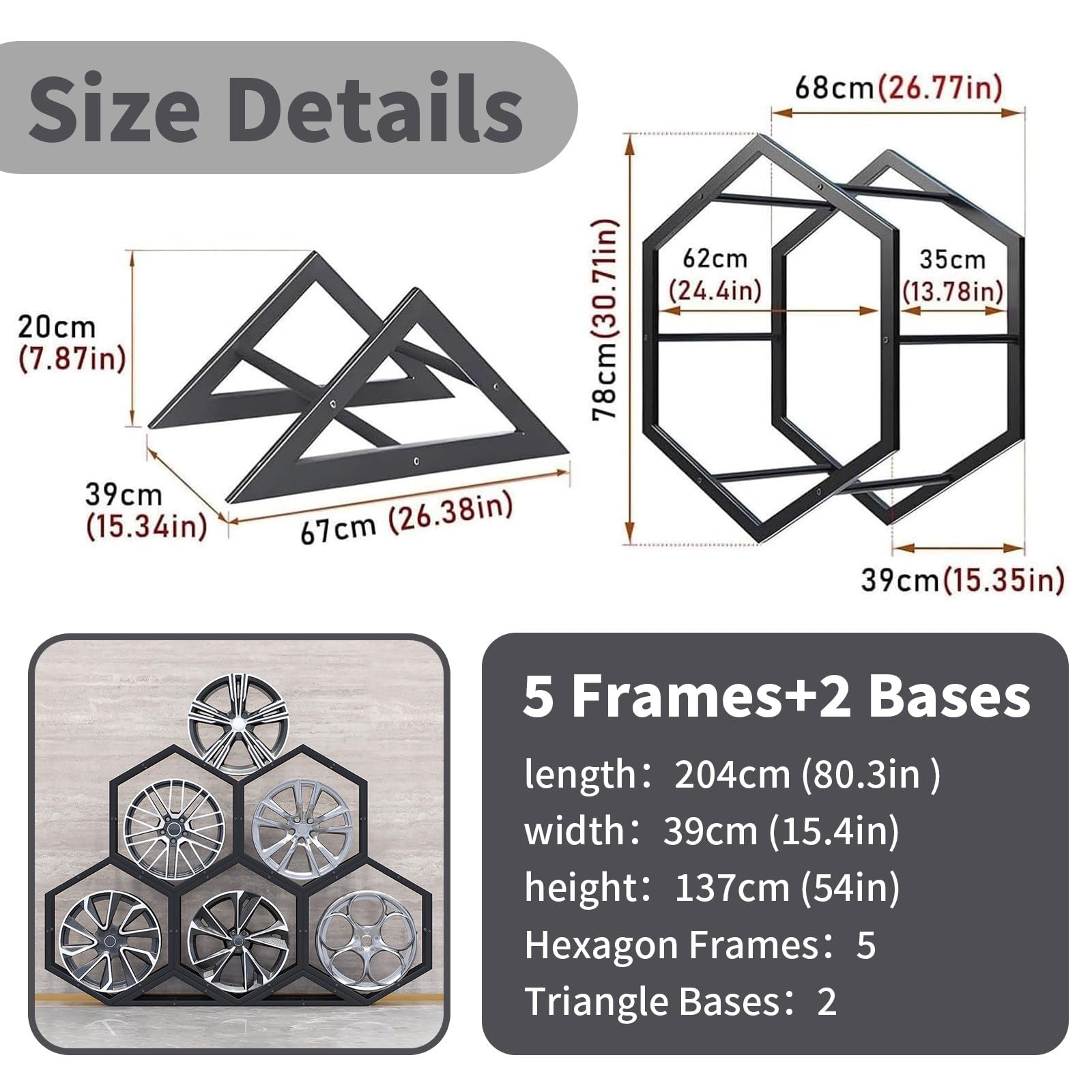 Stojak Na Felgi, Organizer Na Felgi, Sześciokątny Stojak Ekspozycyjny Na Opony, Stojak Na Felgi I Opony, Do Garażu, Targów, Warsztatów Samochodowych 5Frames+2Bases