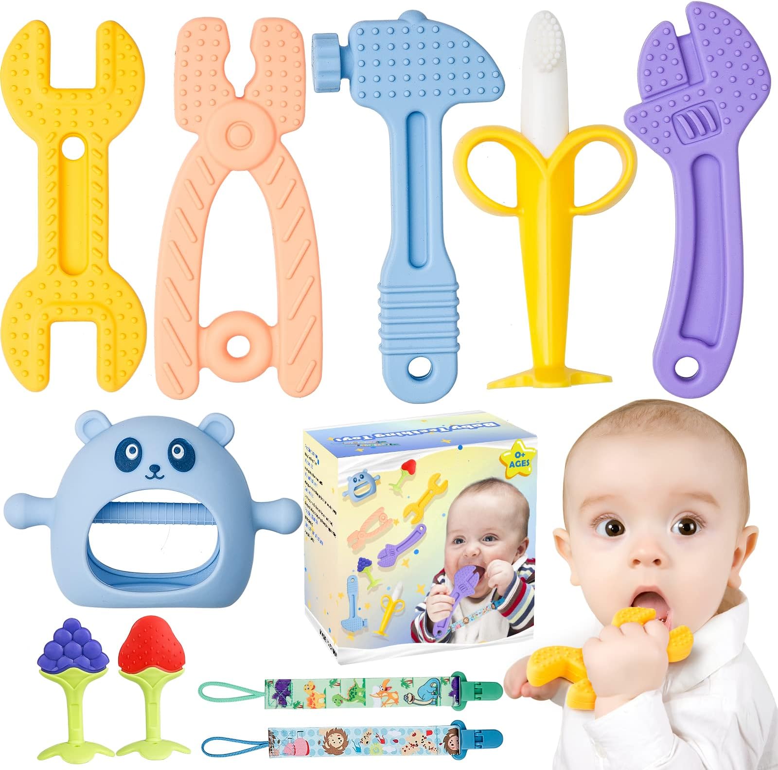 8 PC Baby Teething Toys, Teethers Set for 0-6, 3-6 Months & 6-12 Months, Baby Essentials, Infant Toys, Baby Chew Toys Set, Food Grade Silicone, Hammer Wrench Spanner Pliers Fruit Giraffe Shape Teether