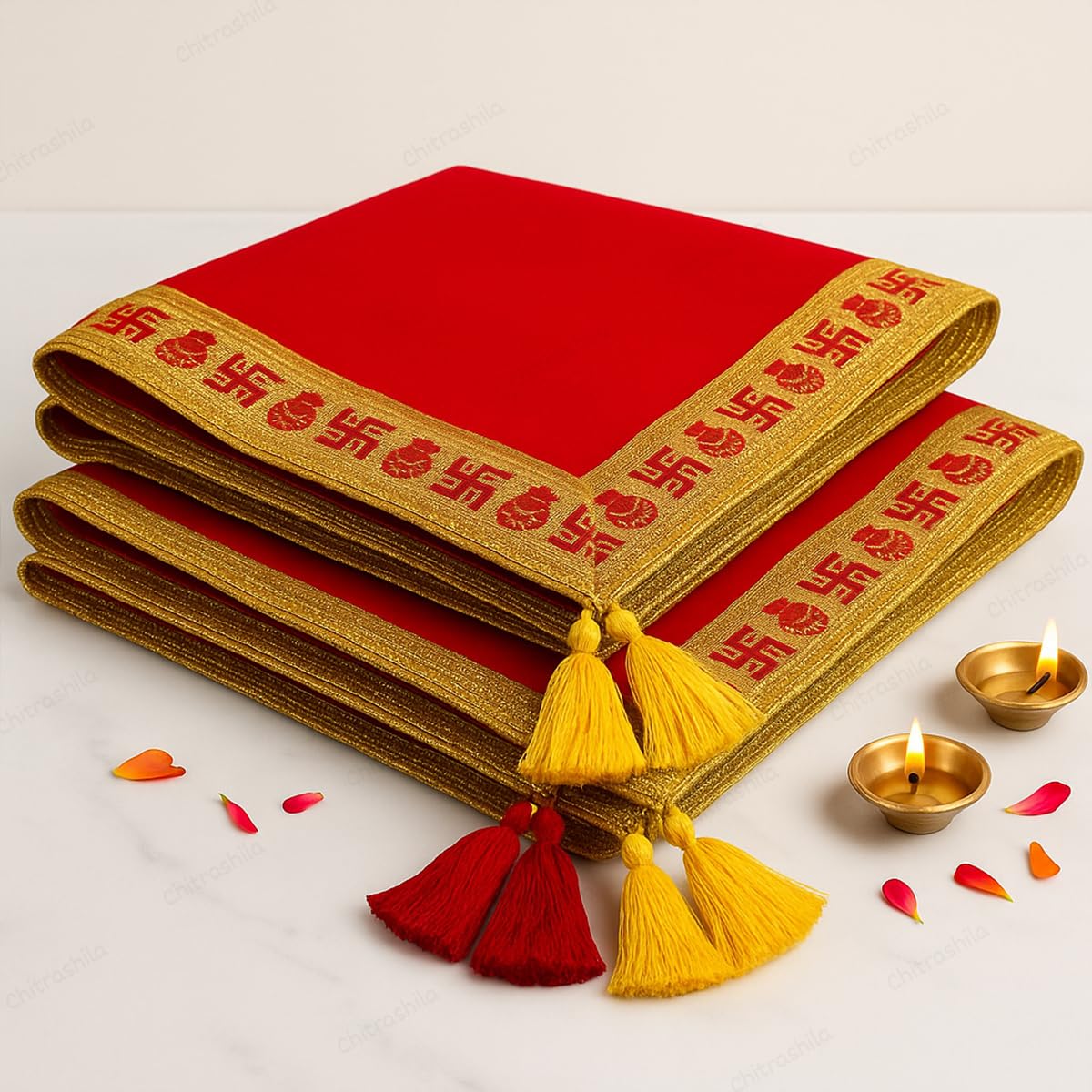 CHITRASHILA Pooja vastra/Asan for god Idols in Red Velvet Cloth 12 X 18 Inches (Pack of 2) | Premium Kapda/Cloth for Mandir, Puja Chowki Mat, Puja Table & Temple | Fine Fabric-image-40