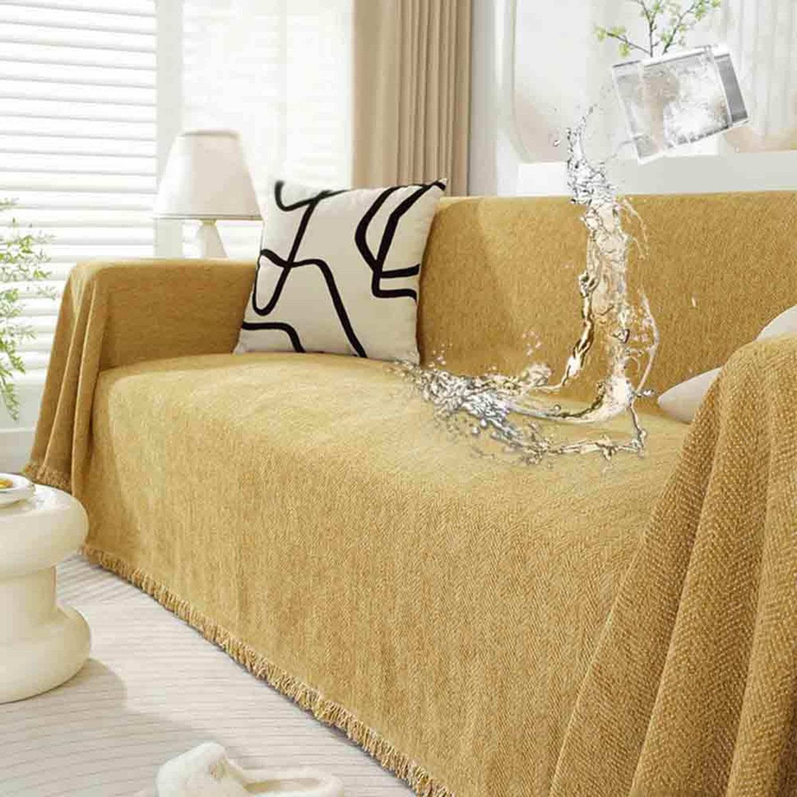 Chenille Sofa Throws Large 3-4 Seater, Washable Breathable Couch Throw with Decorative Tassels, C-180x300cm/70.87x118in