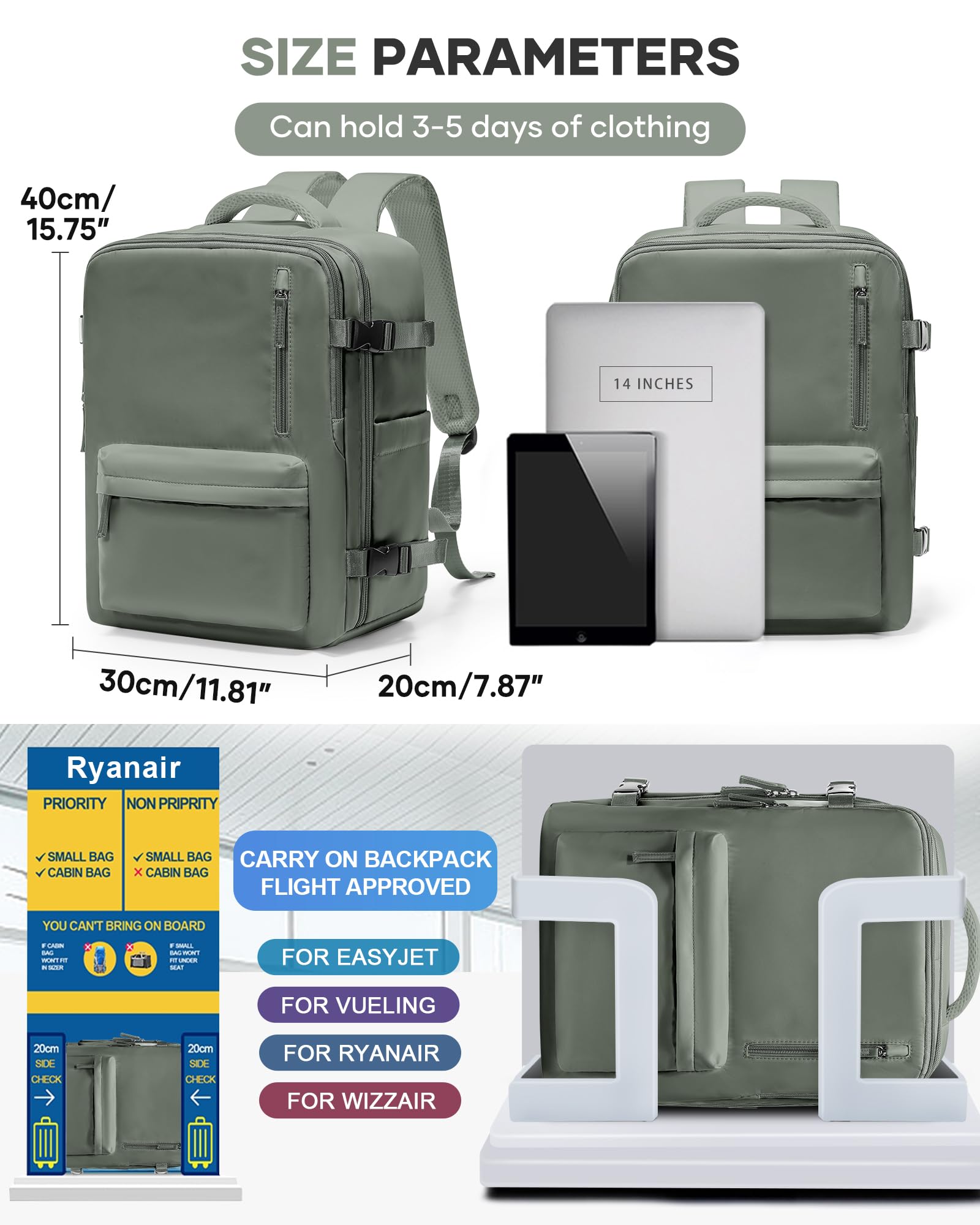 Borse da Cabina per Ryanair 40x20x25 Bagaglio a Mano Zaino Borsa Zaino da Viaggio, Zaino da trekking,da uomo, zaino casual per laptop da 14 pollici per scuola con porta di USB